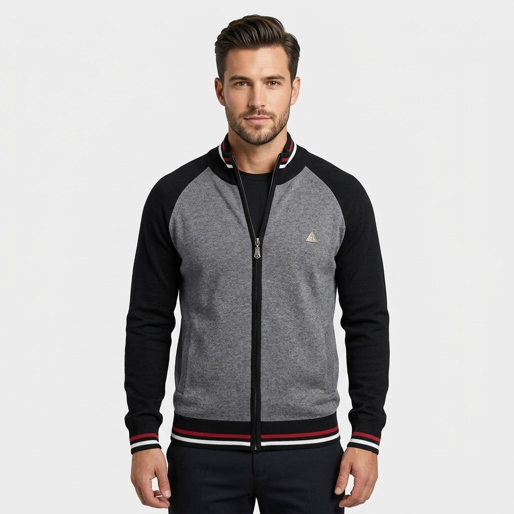 Zipper Color Block Standing Collar Cardigan Sweater