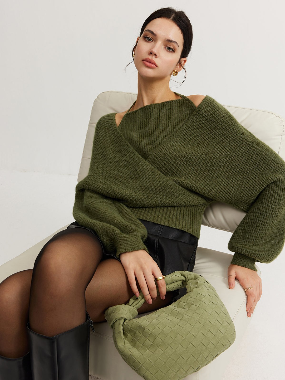 Women's 2 in 1 Bat Sleeve Halter Knit Top in Green