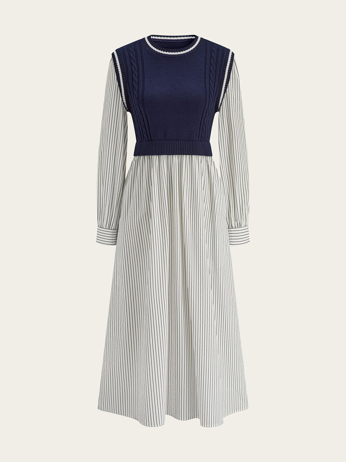 Women's 2 in 1 Cable-Knit Paneled Striped Midi Dress in Blue