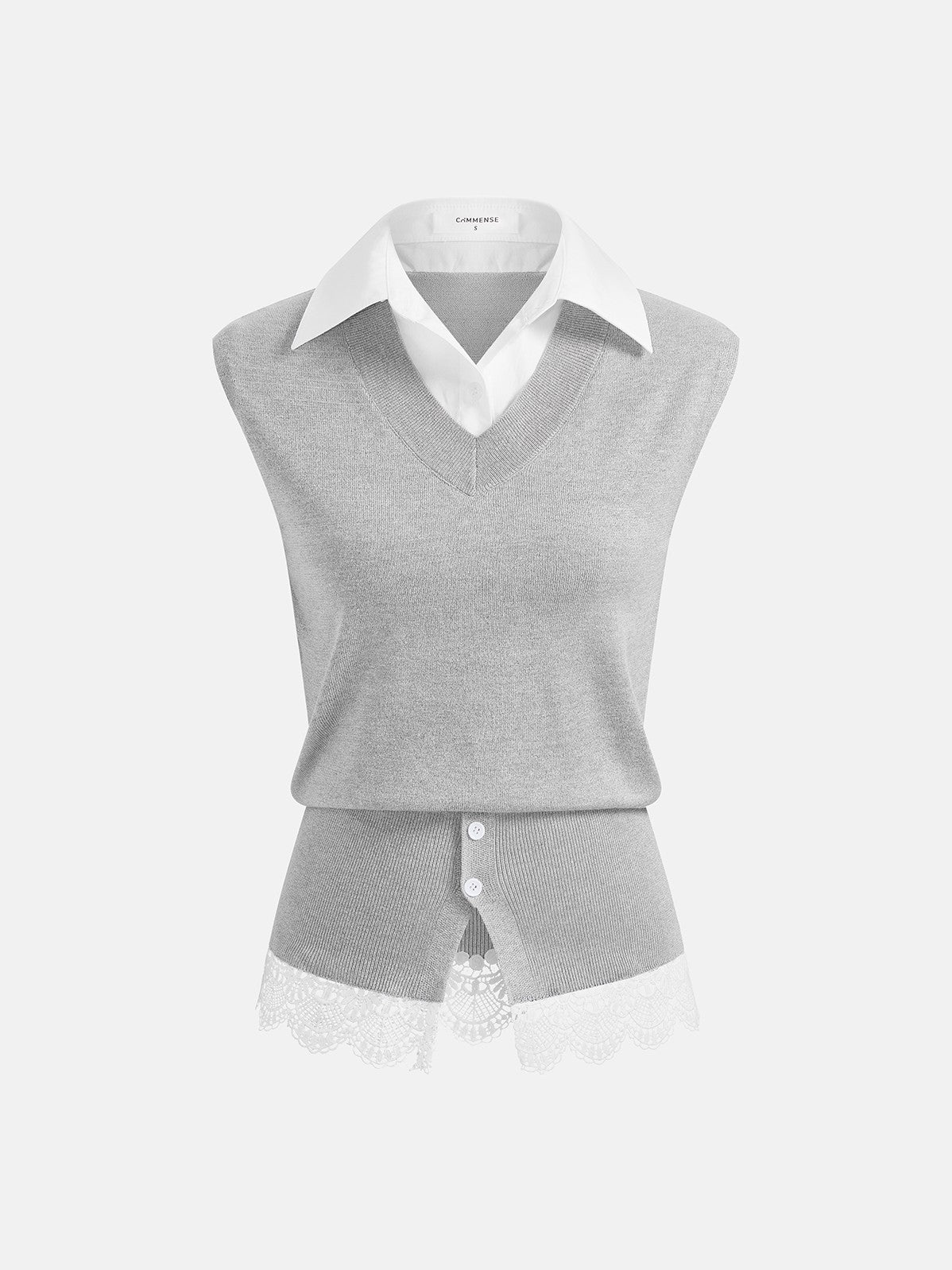 Women's 2 in 1 Collared Lace Hem Knit Vest in Grey