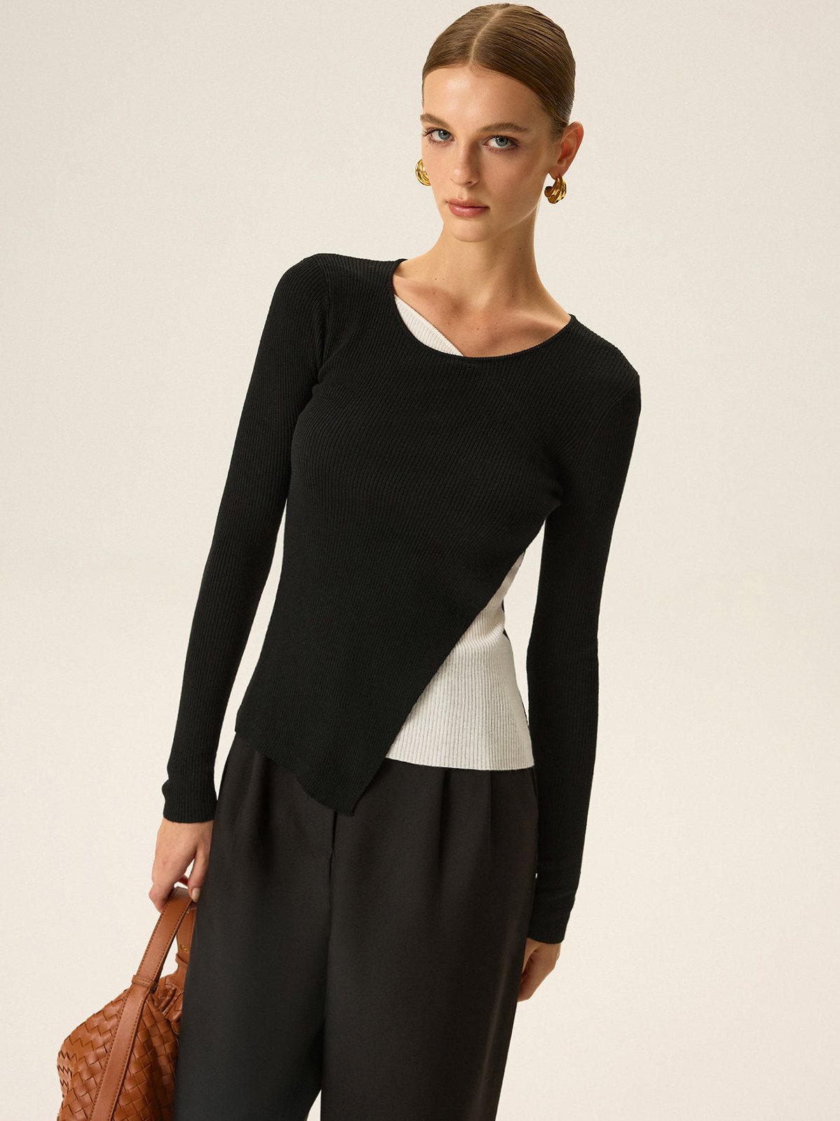 Women's 2 in 1 Color-Block Asymmetric Ribbed Knit Top in Black