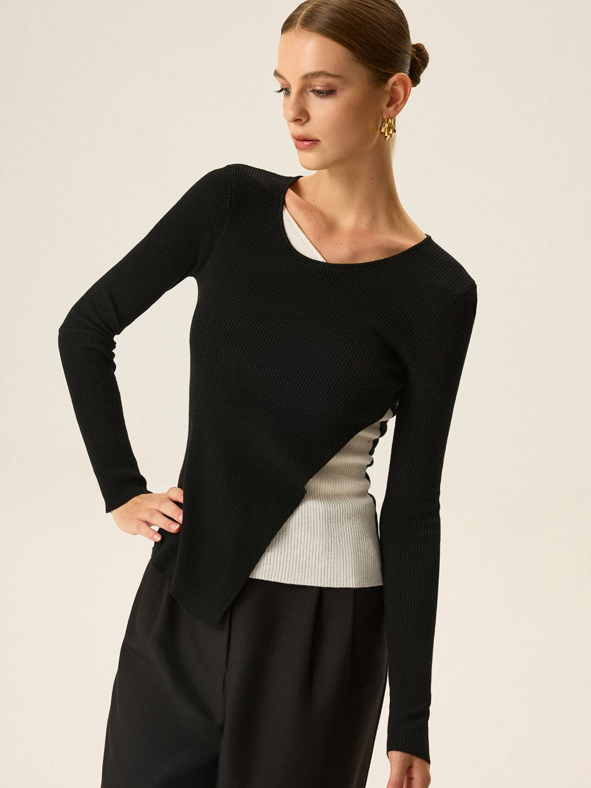 Women's 2 in 1 Color-Block Asymmetric Ribbed Knit Top — detail