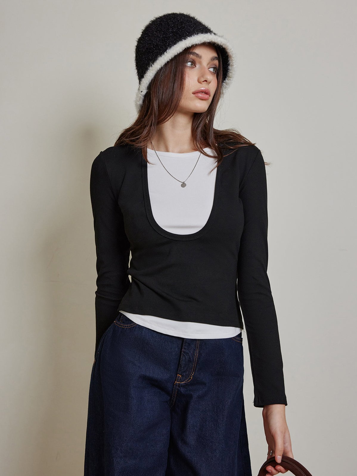Women's 2 in 1 Color Block Jersey Top in Black