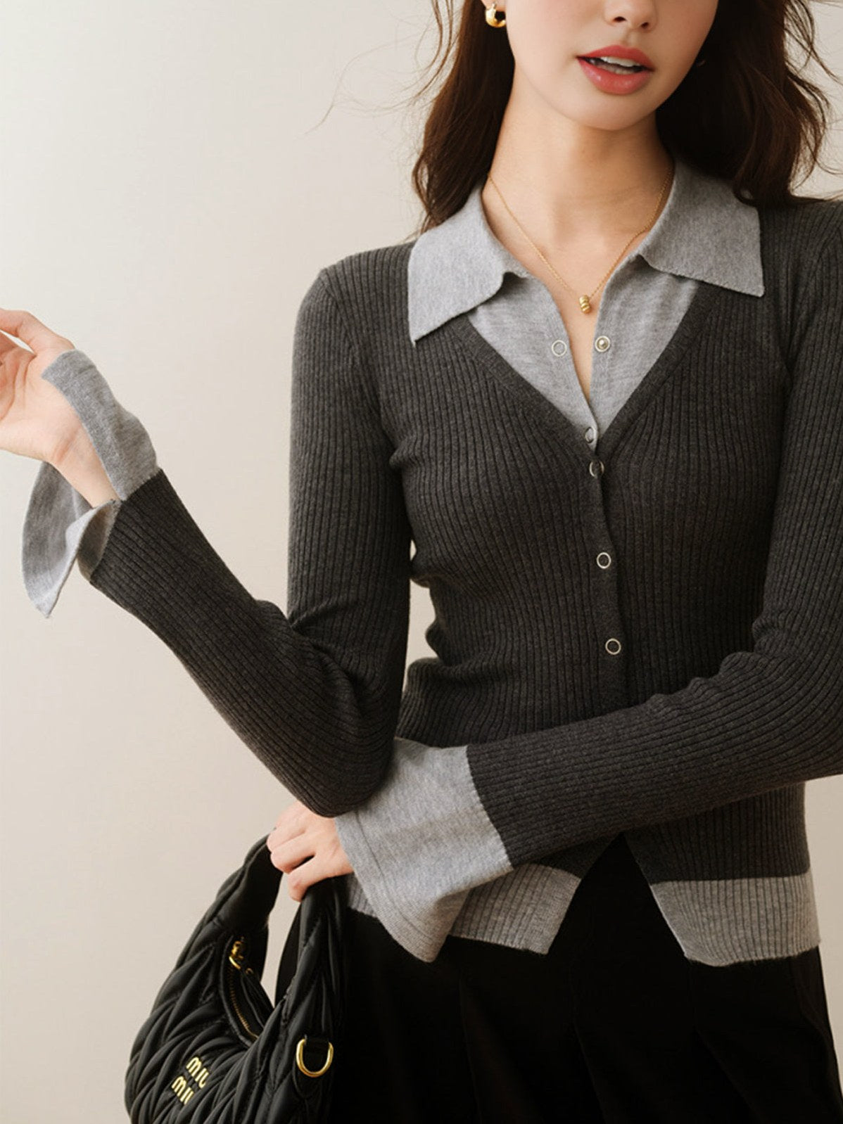 Women's 2 in 1 Color Block Knit Top — full view