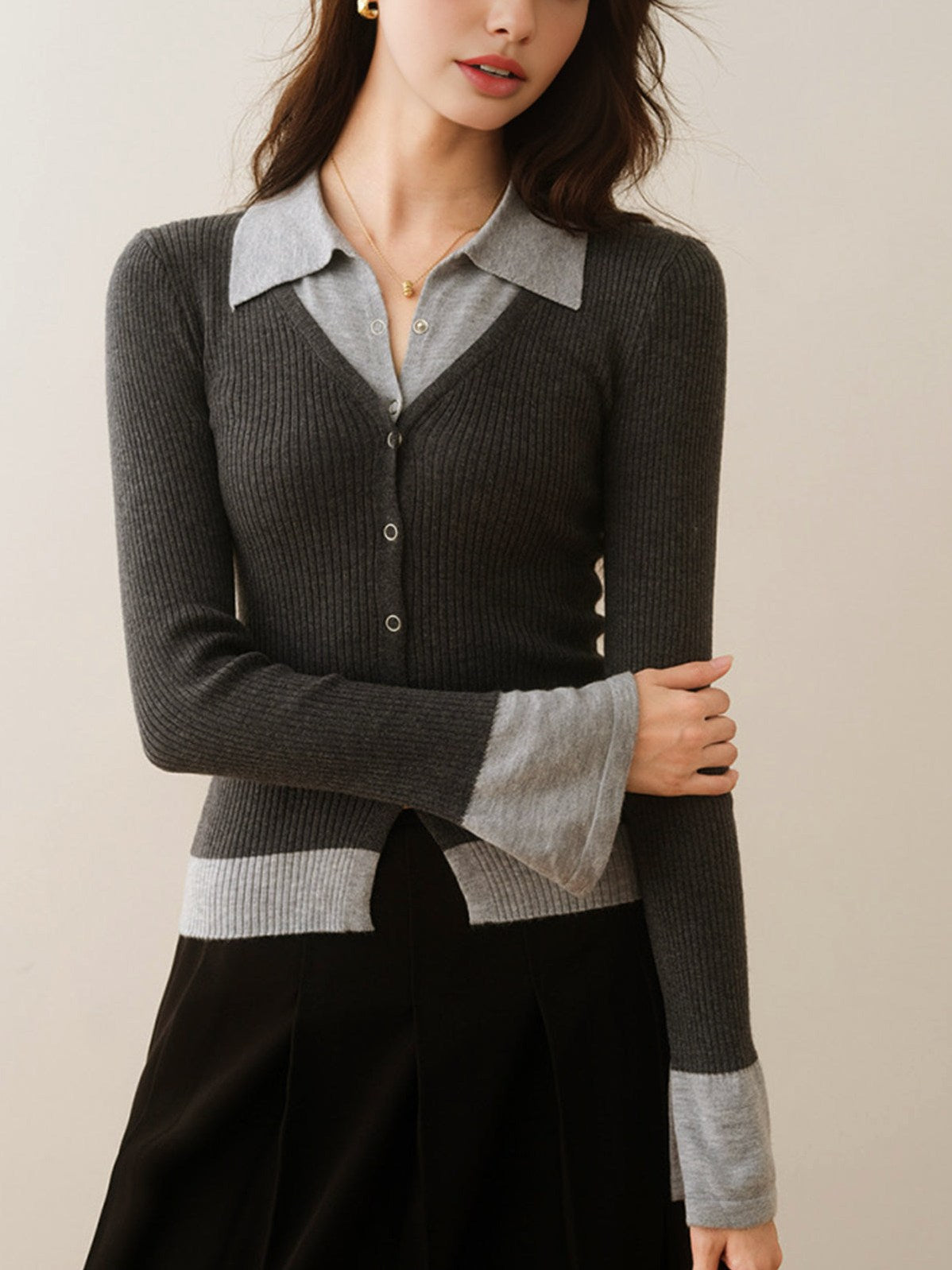 Women's 2 in 1 Color Block Knit Top — fabric texture