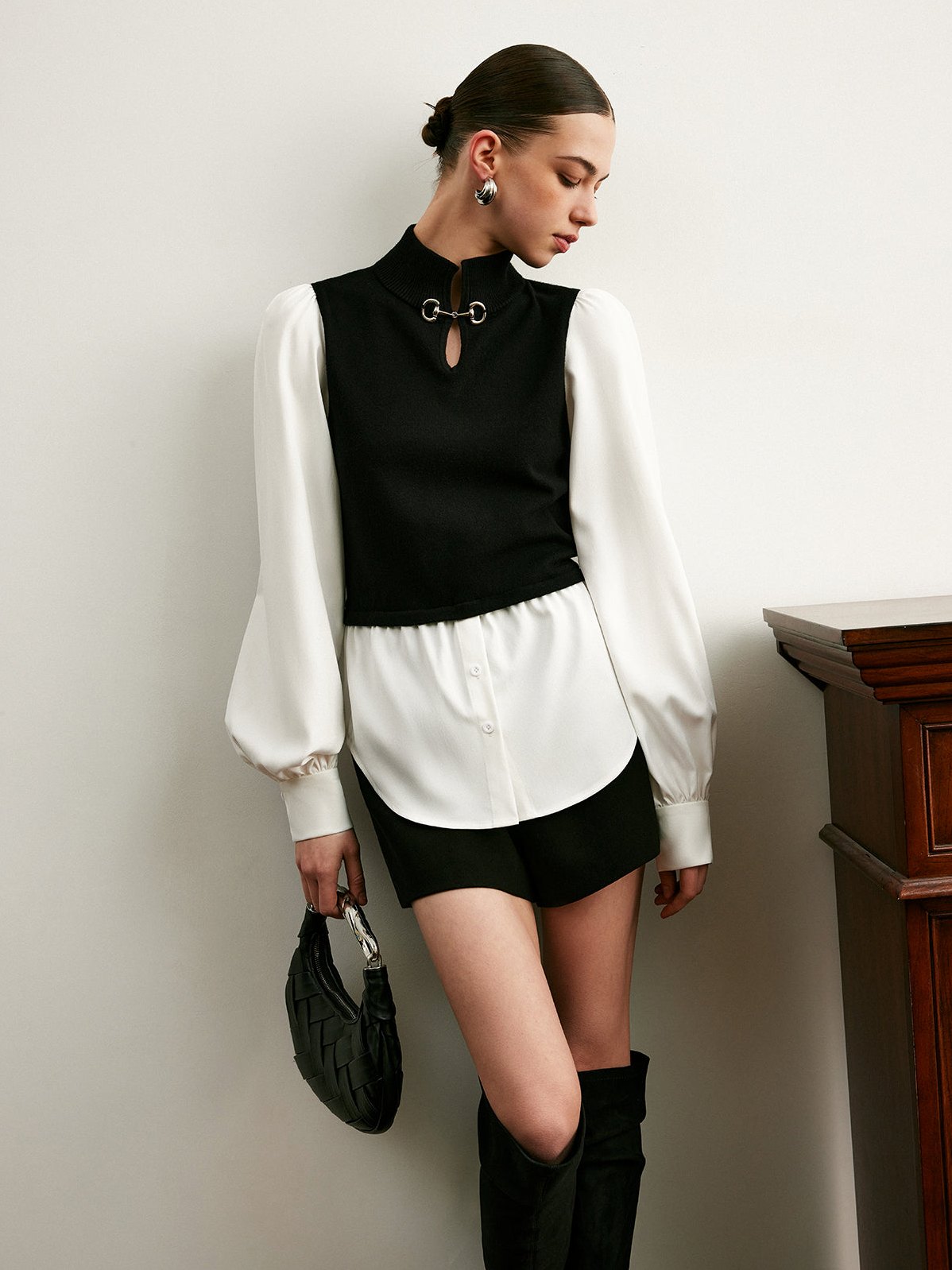 Women's 2 in 1 Color Block Metal-Detail Knit Top — detail