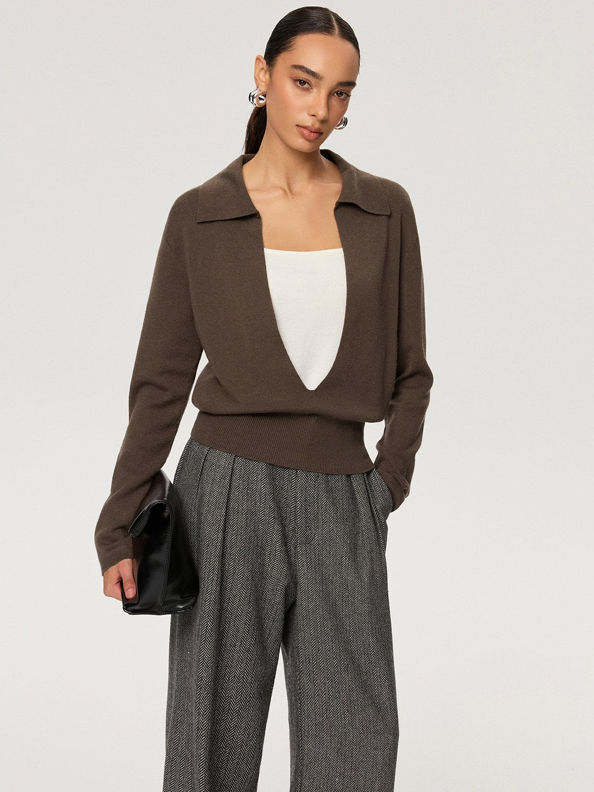Women's 2 in 1 Color-Block Wool Blend Polo Collar Sweater — detail