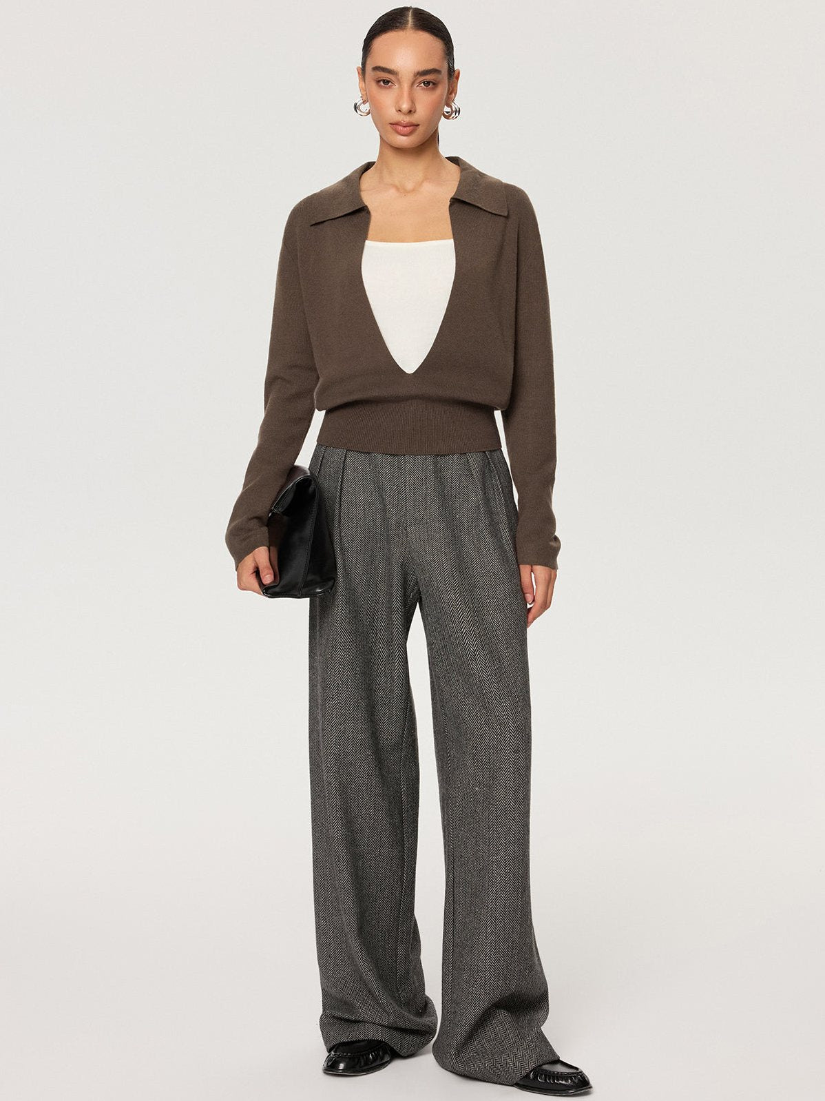 Women's 2 in 1 Color-Block Wool Blend Polo Collar Sweater — styled look