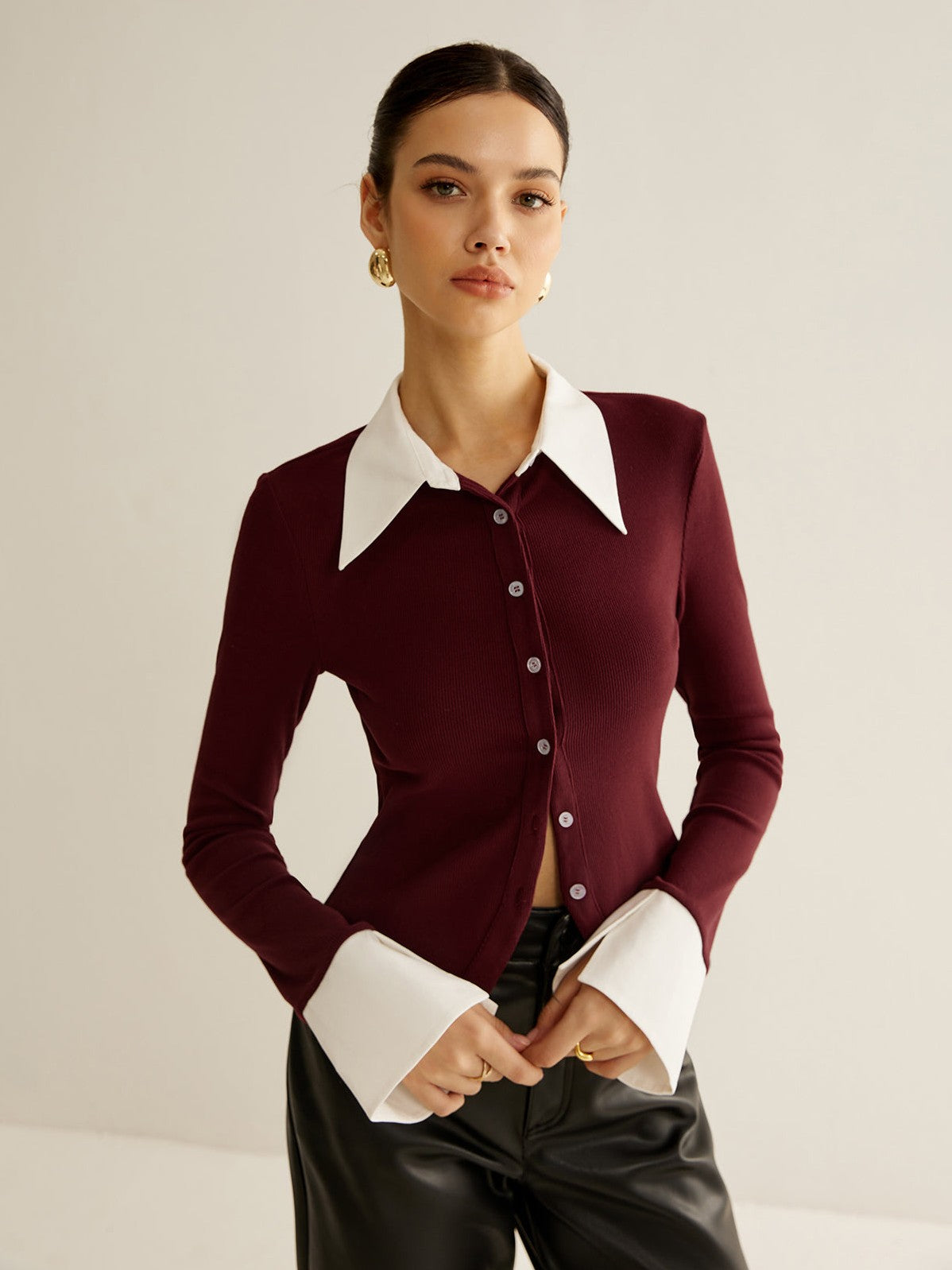 Women's 2 in 1 Contrast Binding Button Shirt in Burgundy