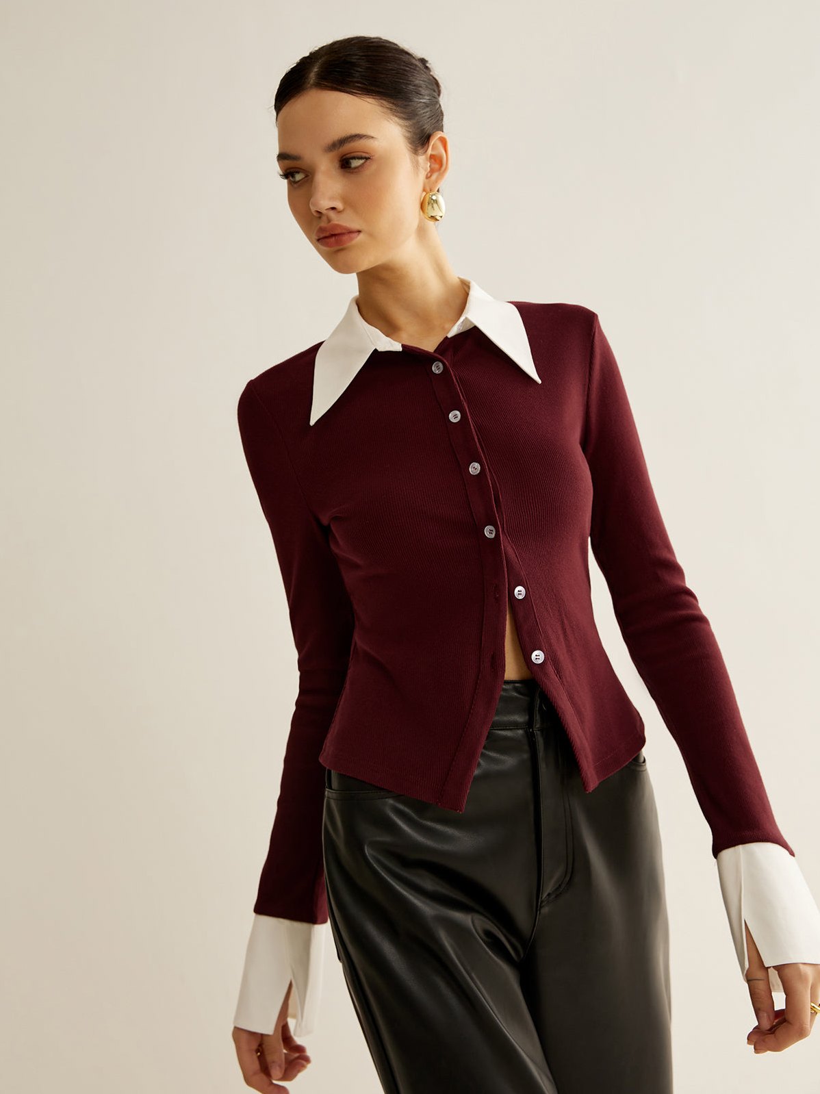 Women's 2 in 1 Contrast Binding Button Shirt — styled look