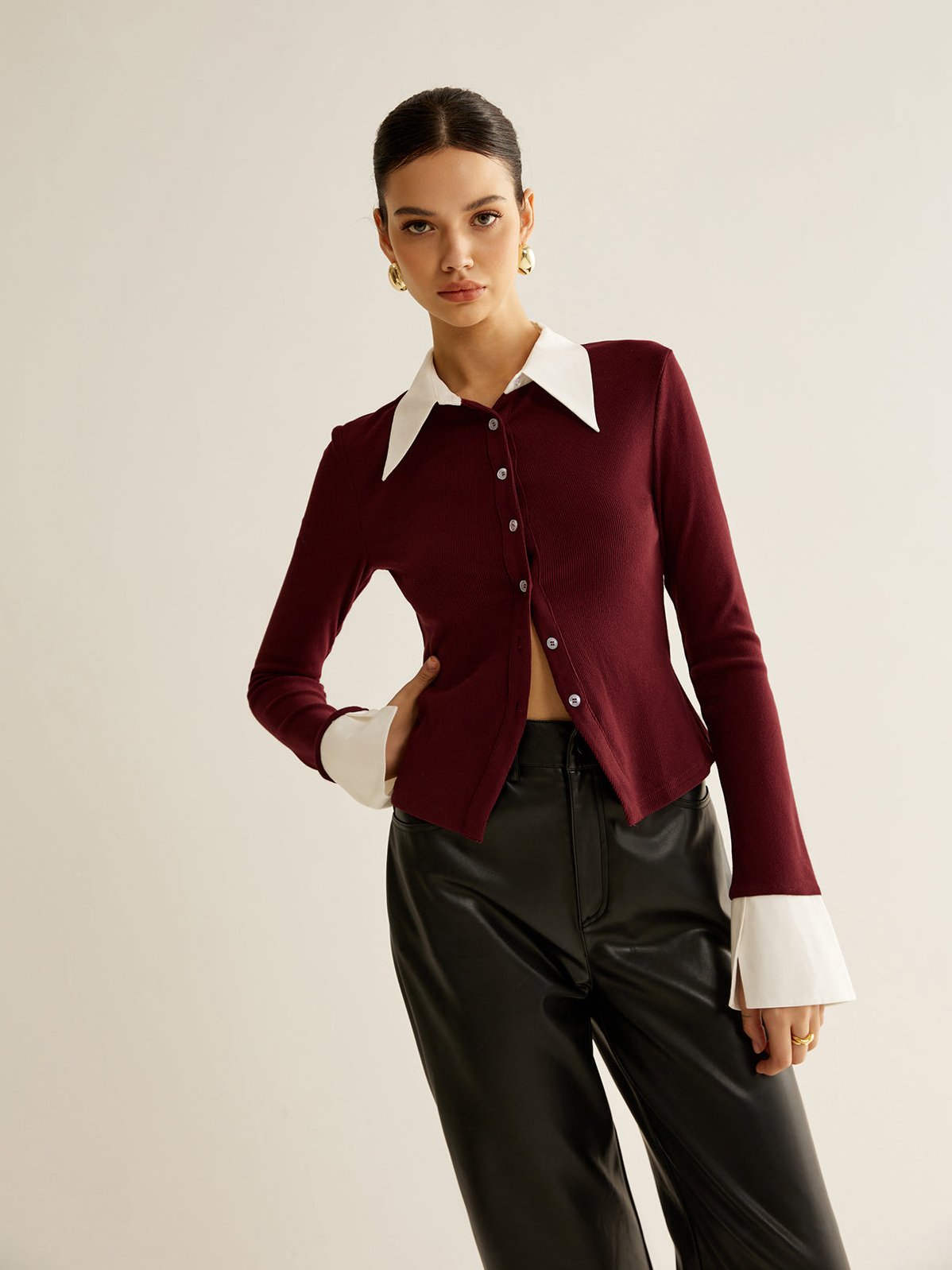 Women's 2 in 1 Contrast Binding Button Shirt — close-up
