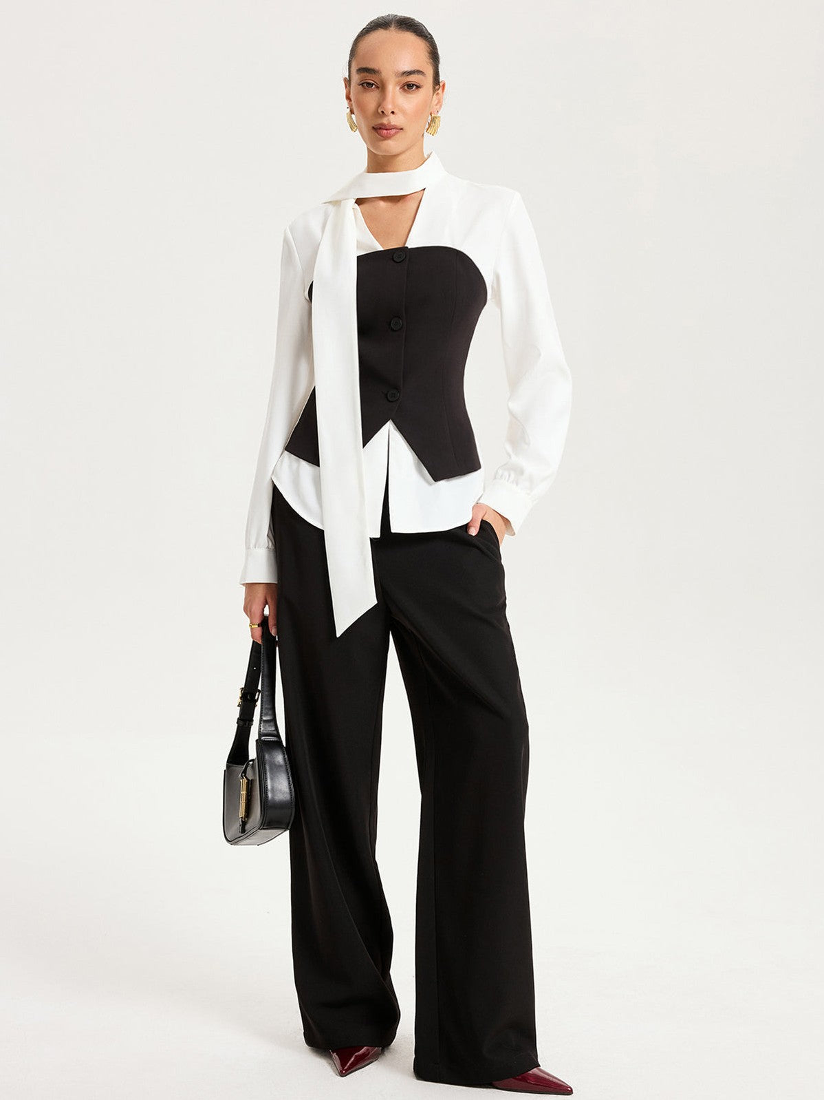Women's 2 in 1 Contrast Panel Tie-Neck Blouse — styled look