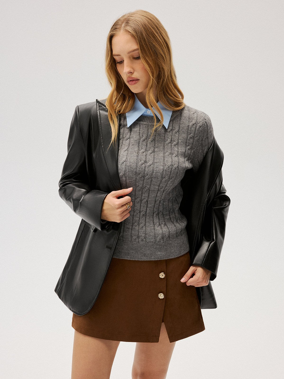 Women's 2 in 1 Contrast Shirt Collar Cable-Knit Sweater — detail
