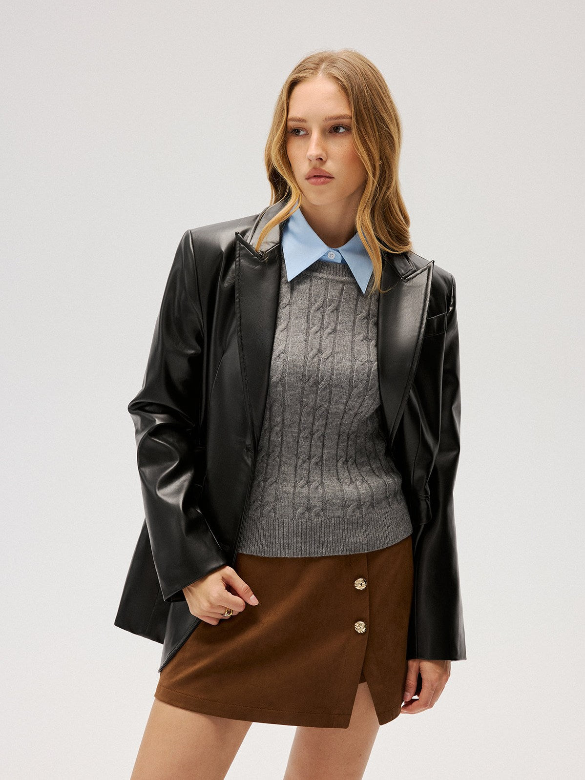 Women's 2 in 1 Contrast Shirt Collar Cable-Knit Sweater — close-up