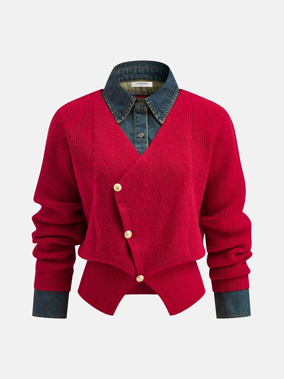 Women's 2 in 1 Denim Panel Asymmetric Sweater in Red