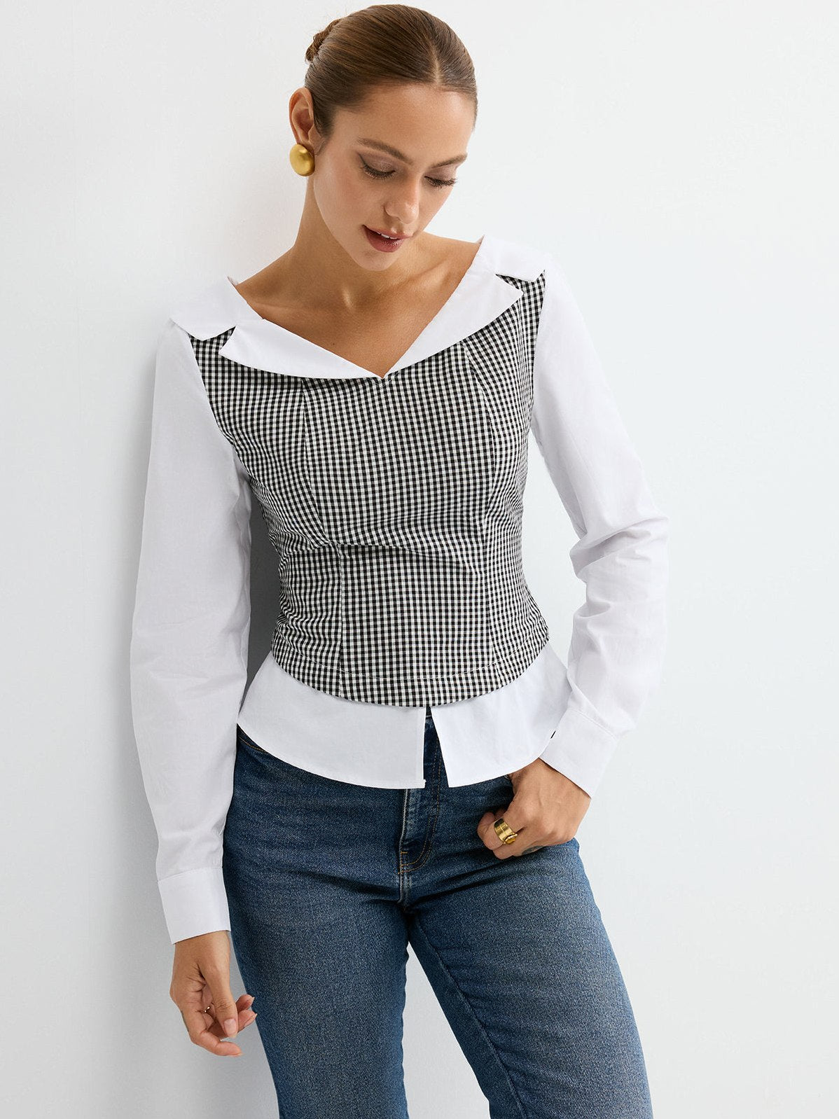 Women's 2 in 1 Gingham Paneled Shirt in BlackandWhite