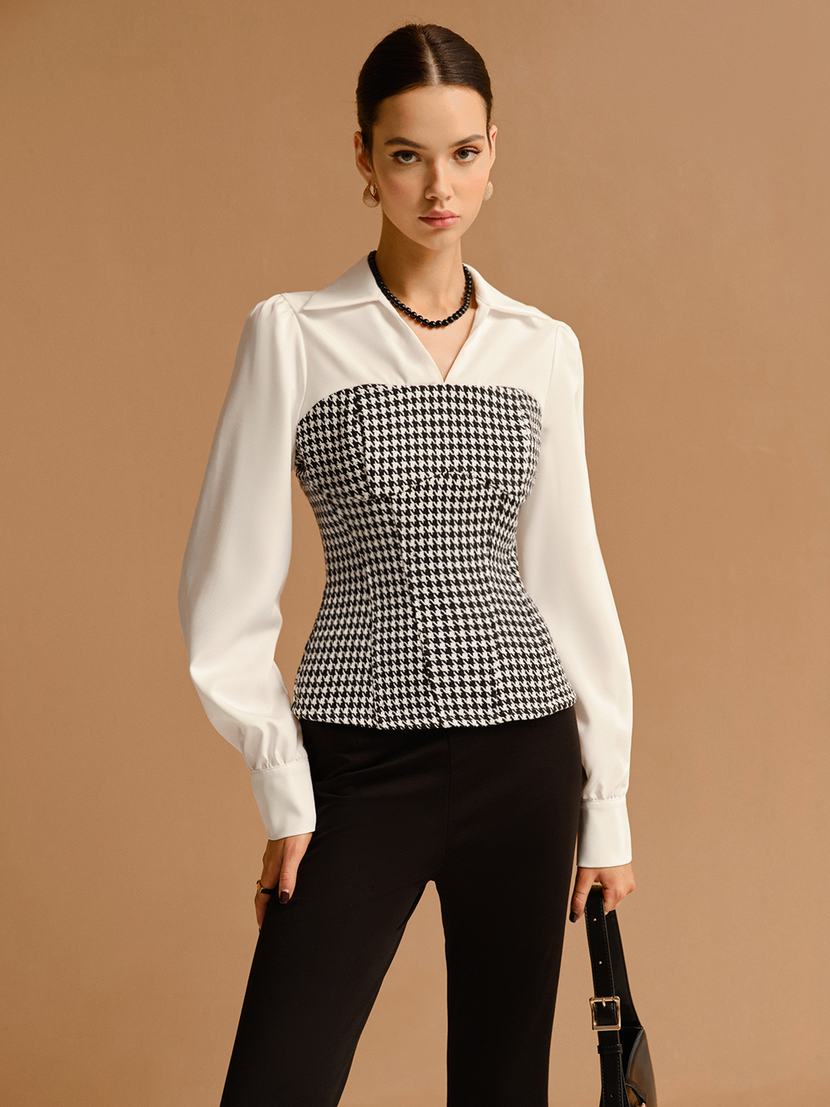 Women's 2 in 1 Houndtooth Polo Shirt in BlackandWhite
