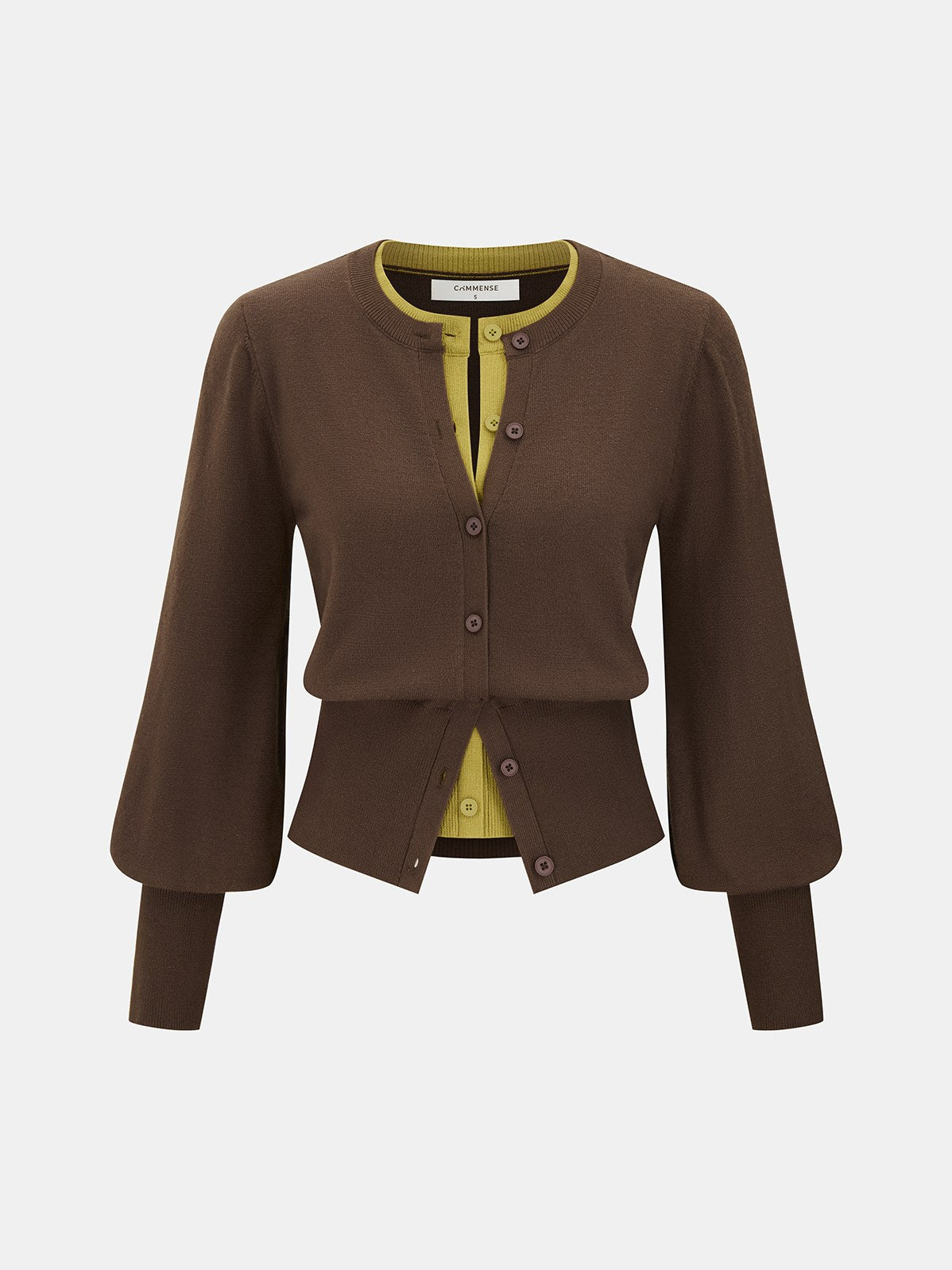 Women's 2 in 1 Layered Puff-Sleeve Cardigan in Dark Brown