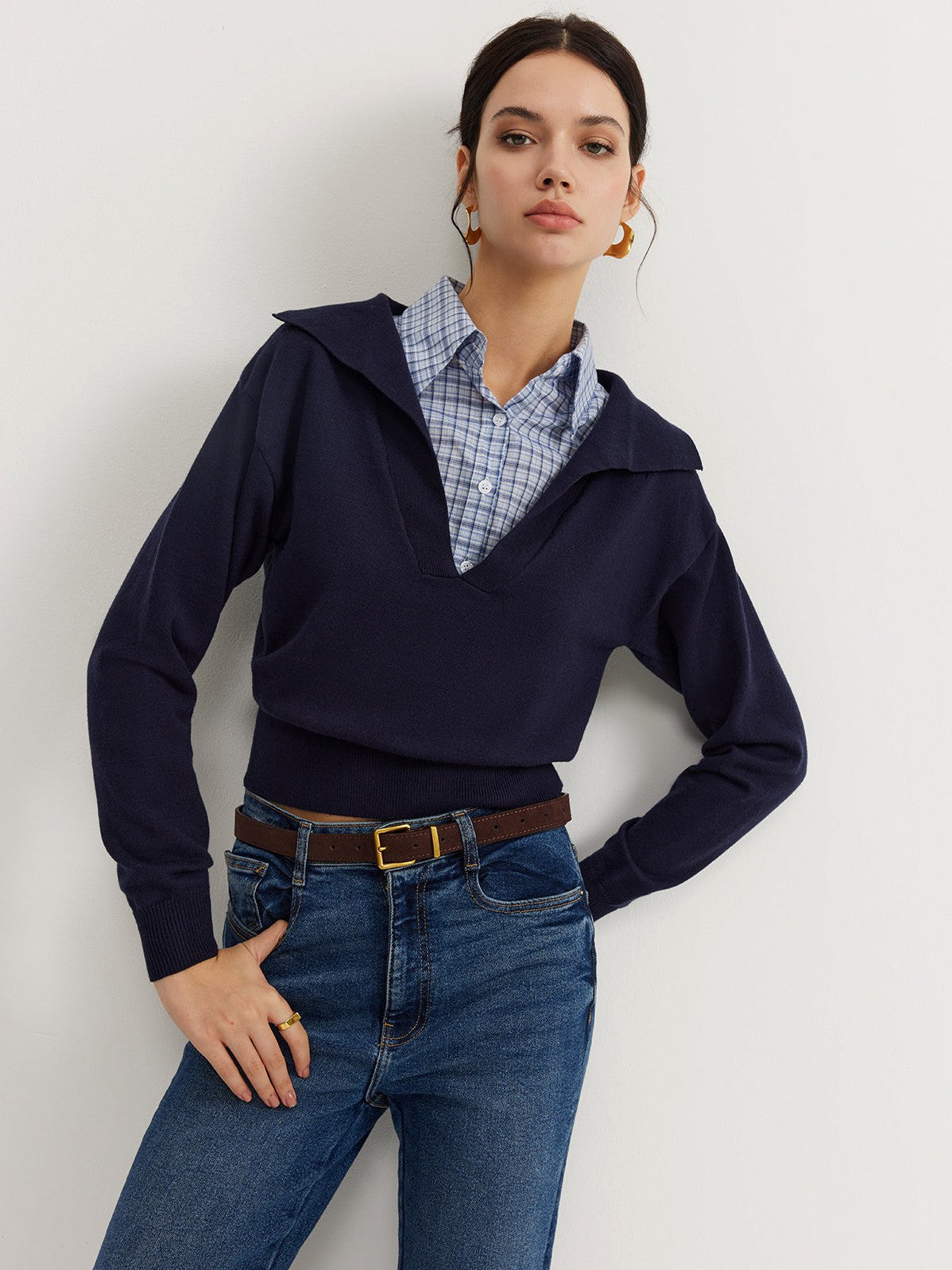 Women's 2 in 1 Leisure Lapel Knit Top — close-up