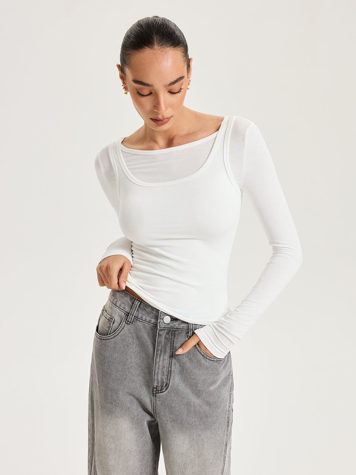 Women's 2 in 1 Long-Sleeve Top in White