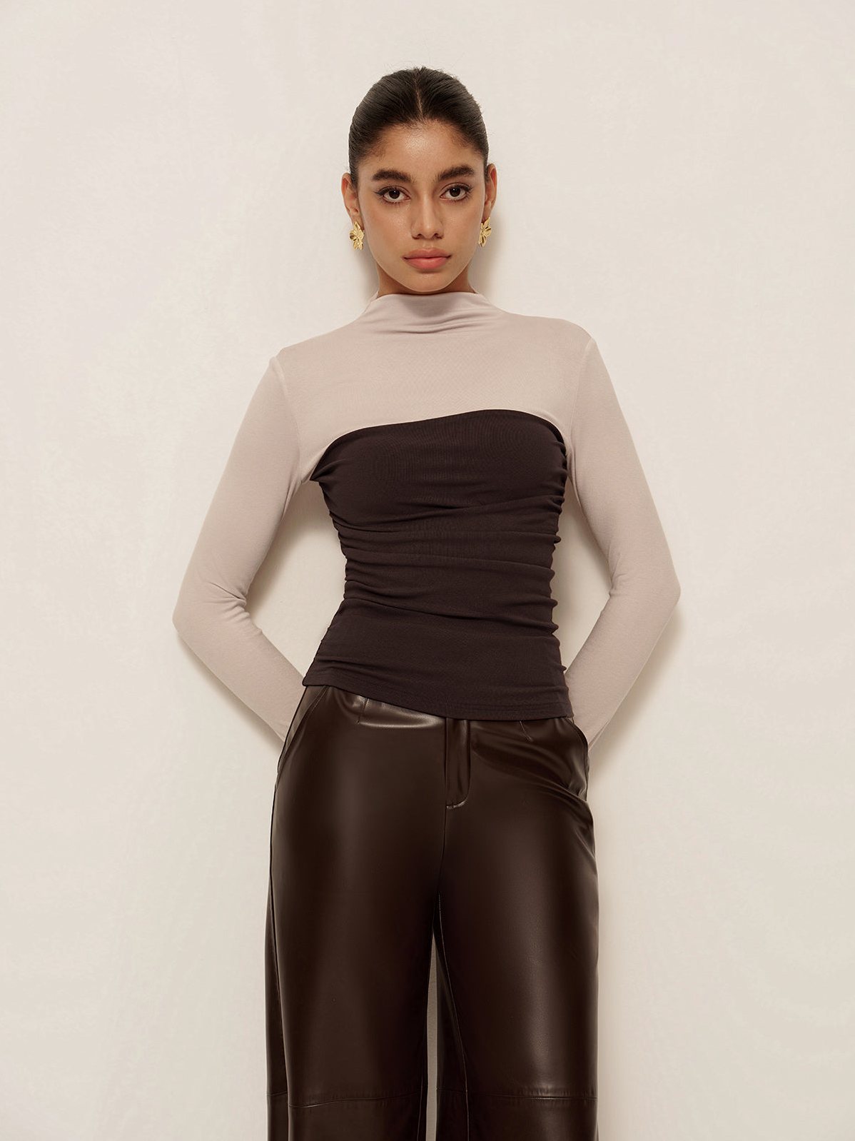 Women's 2 in 1 Mock Neck Color Block Jersey Top in Dark Brown