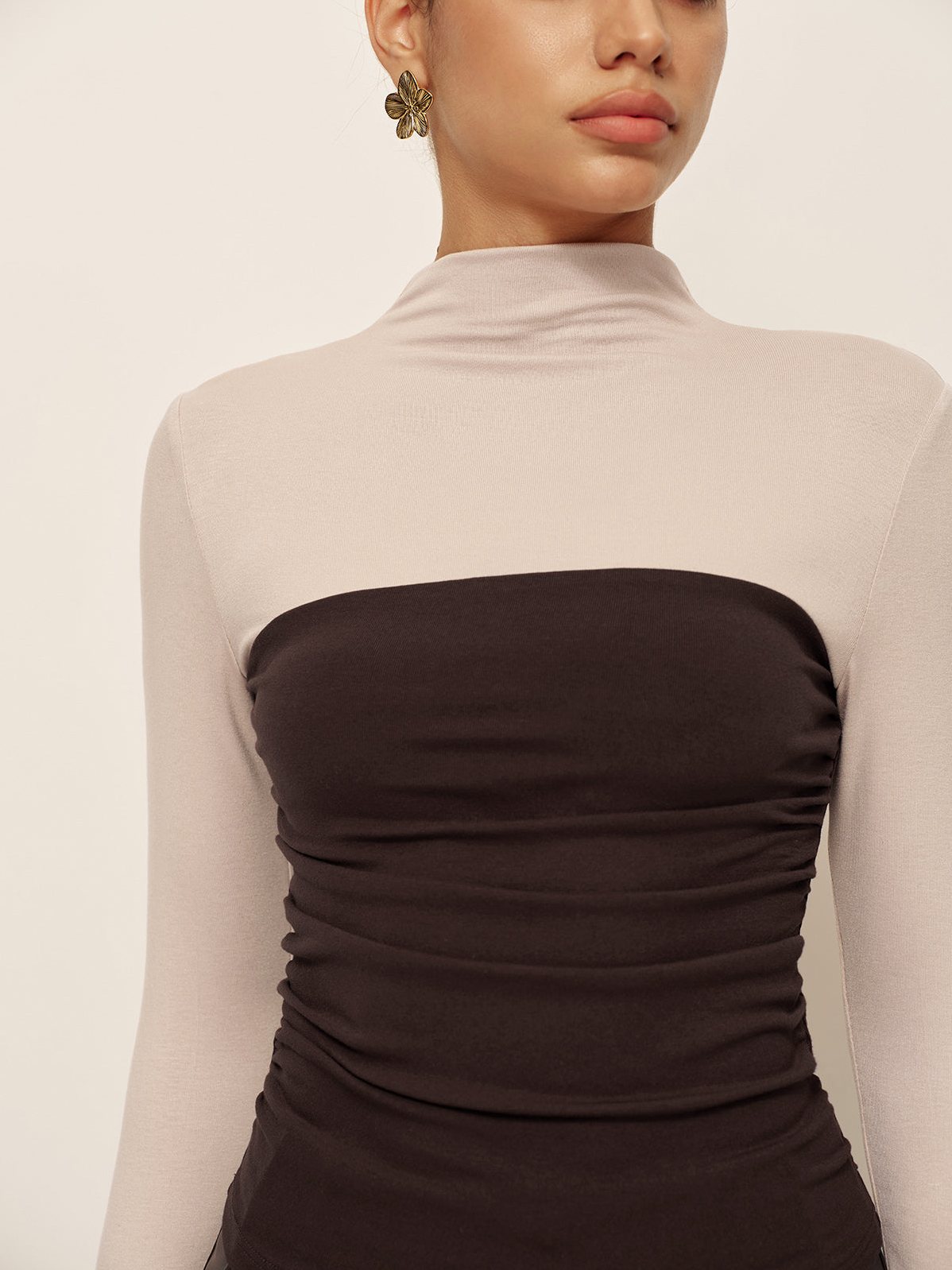 Women's 2 in 1 Mock Neck Color Block Jersey Top — styled look