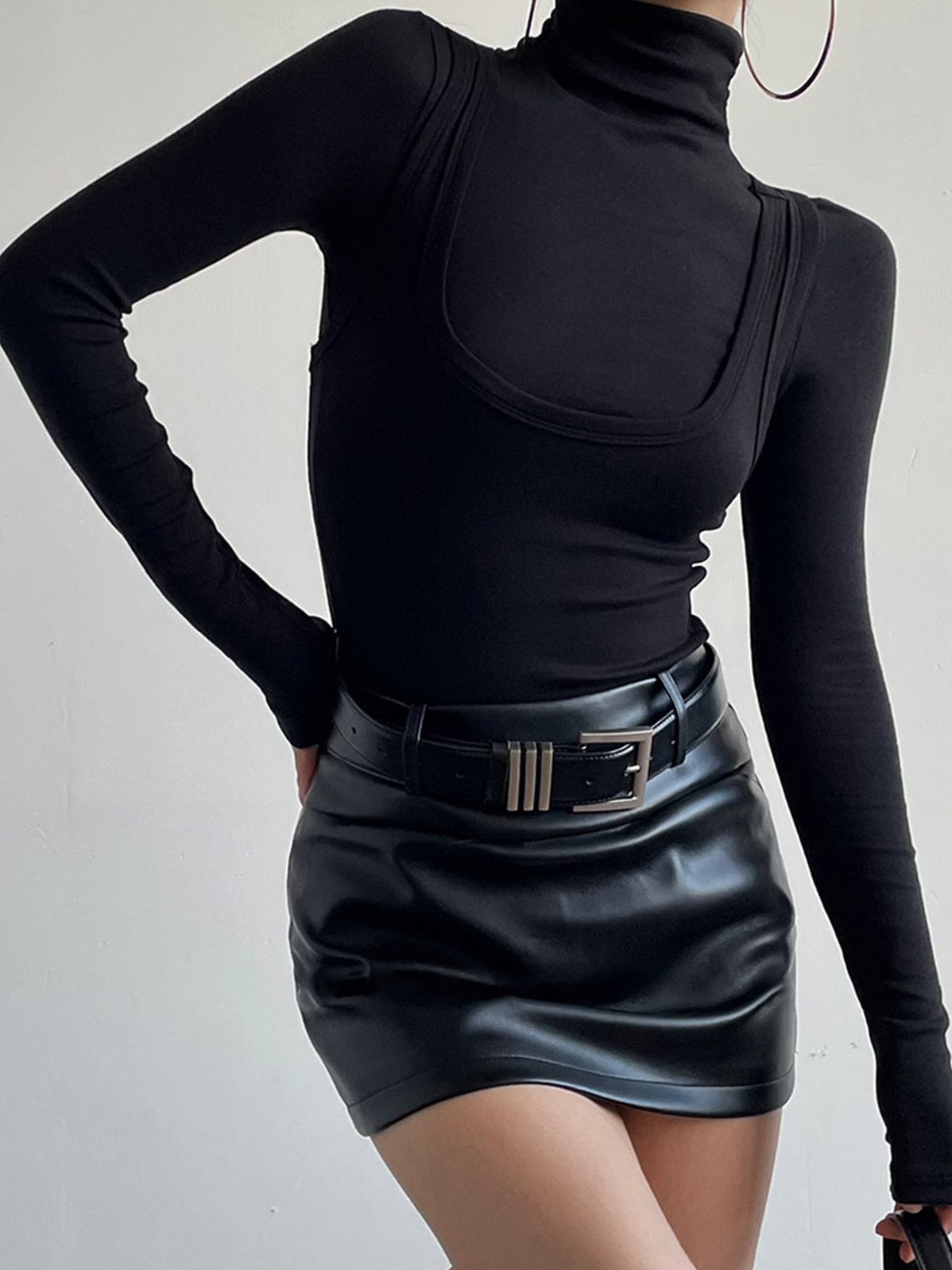 Women's 2 in 1 Mock Neck Jersey Top — worn on model