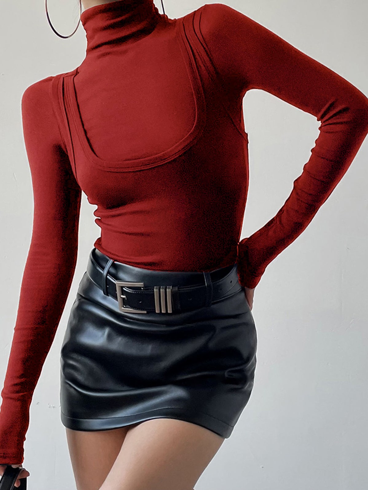 Women's 2 in 1 Mock Neck Jersey Top in Red