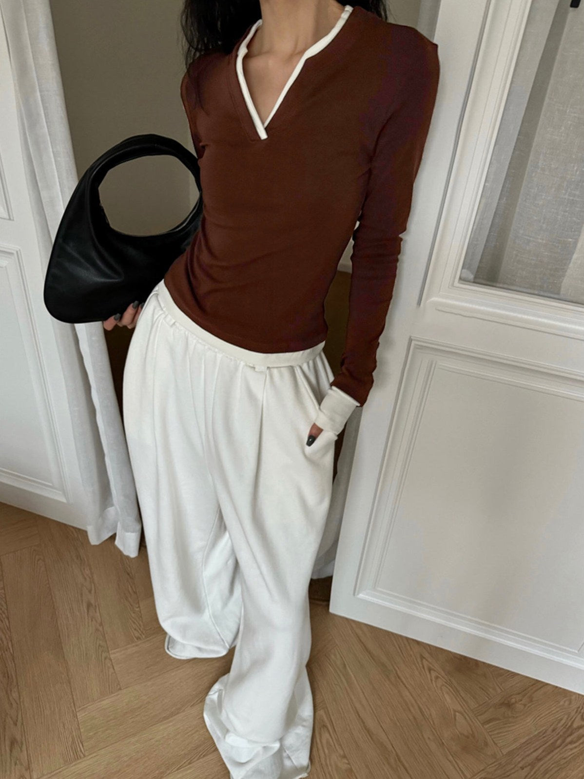 Women's 2 in 1 V-Neck Contrast Trim Jersey Top in Brown