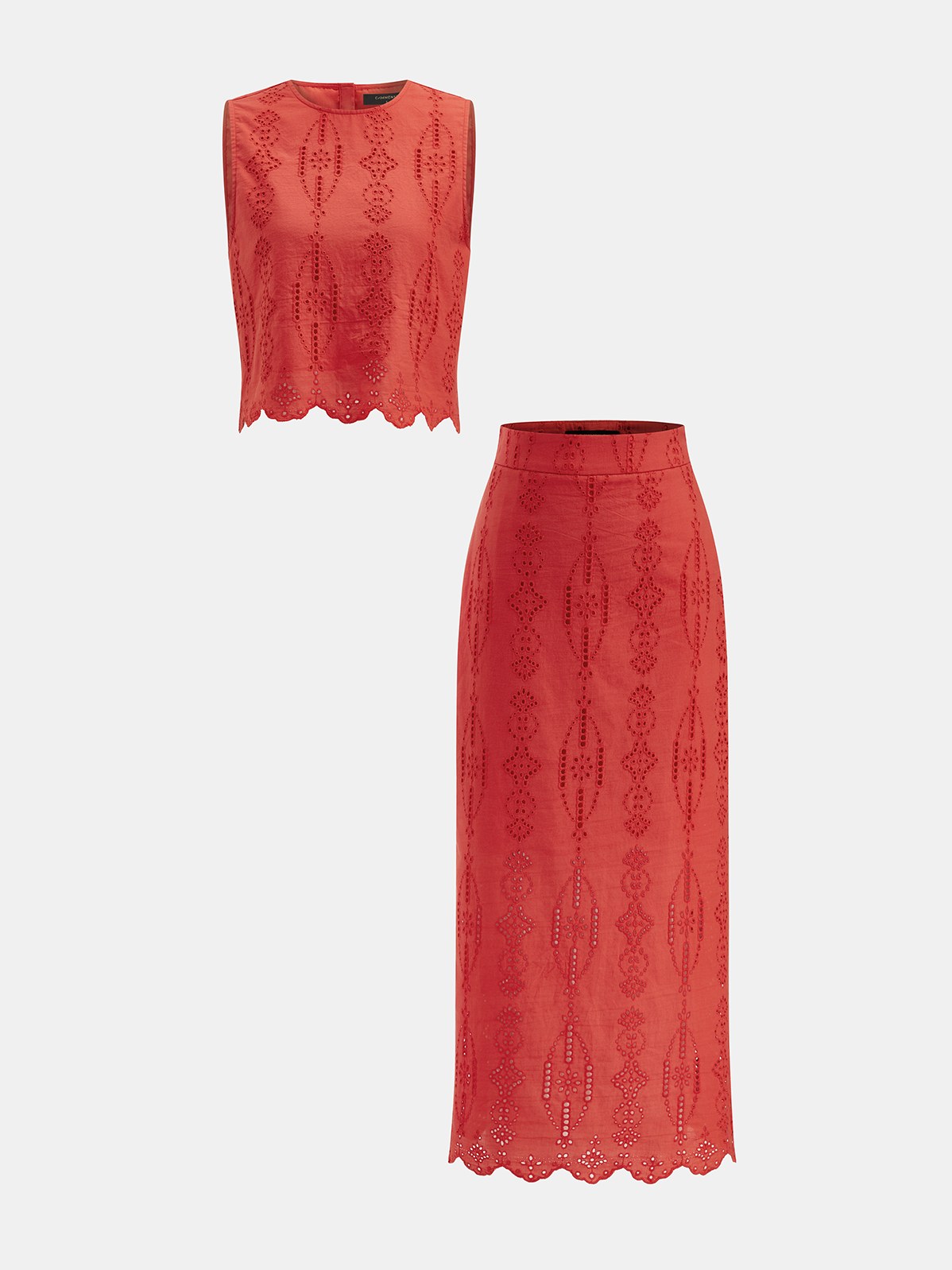 Women's Cotton Eyelet Embroidery Top & Midi Skirt Set in Red