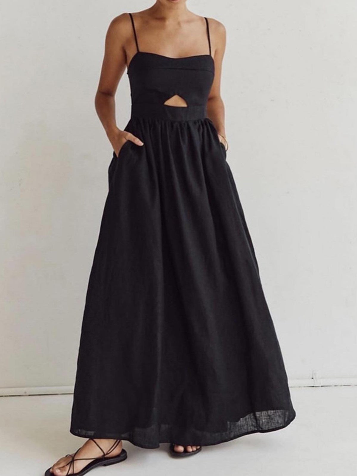 Women's Cotton Sleeveless Pockets Cutout Long Dress in Black