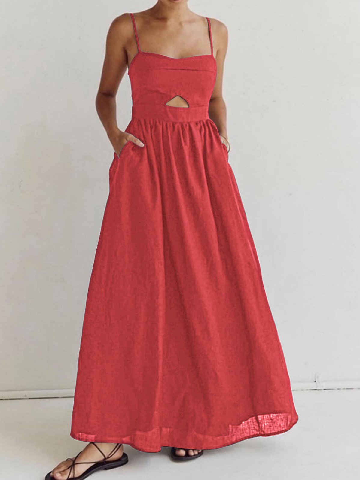 Women's Cotton Sleeveless Pockets Cutout Long Dress in Red