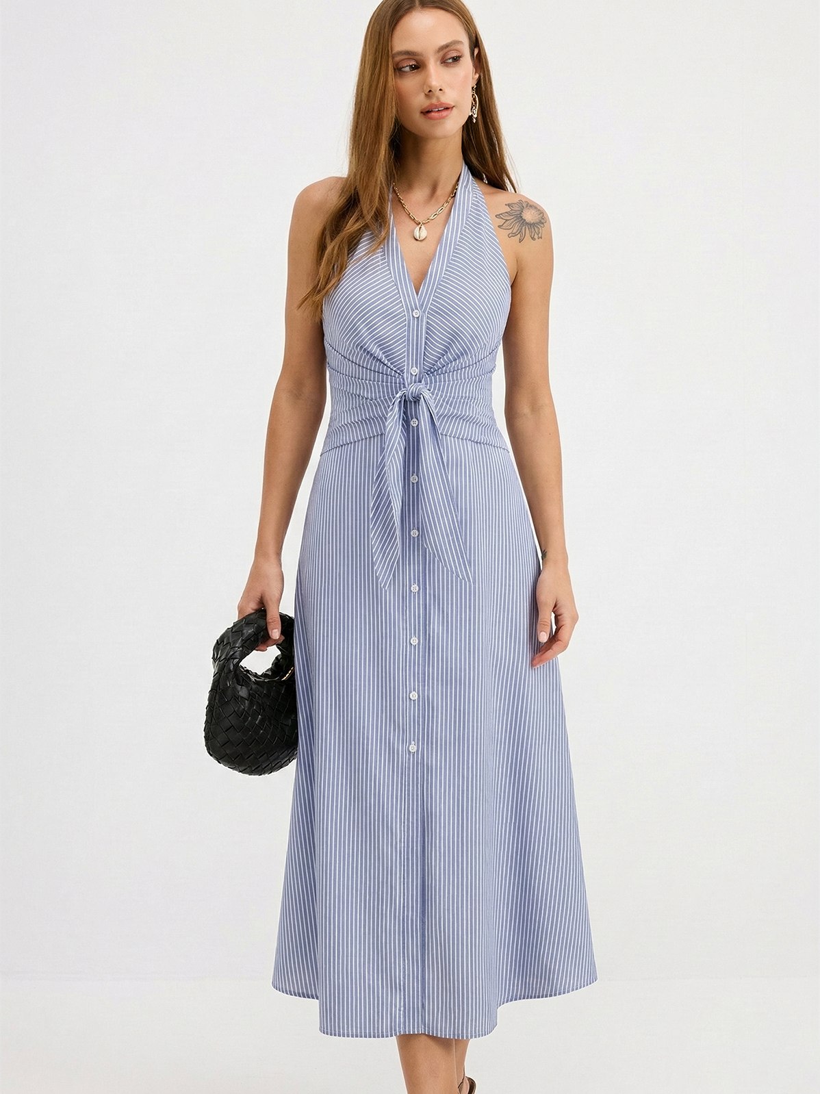 Women's Cotton Striped Halter Tie-Waist Maxi Dress in Blue
