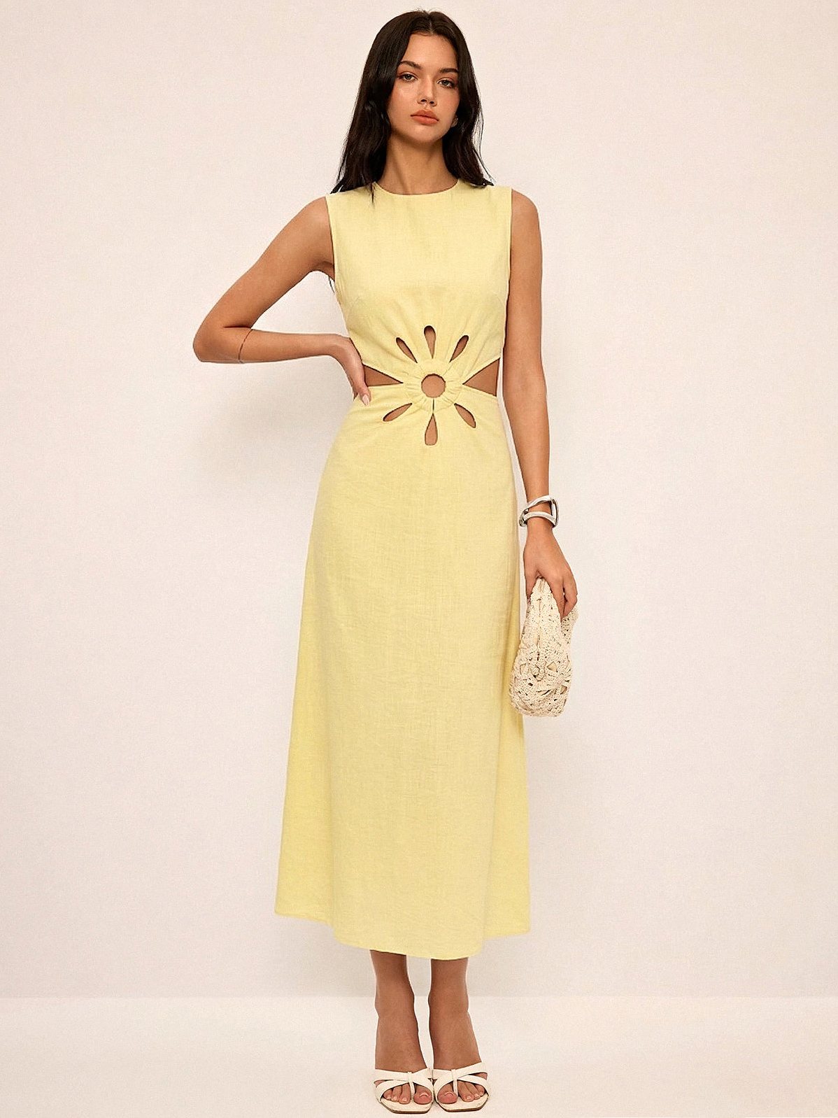 Women's Cutout Waist Sleeveless Maxi Dress in Yellow