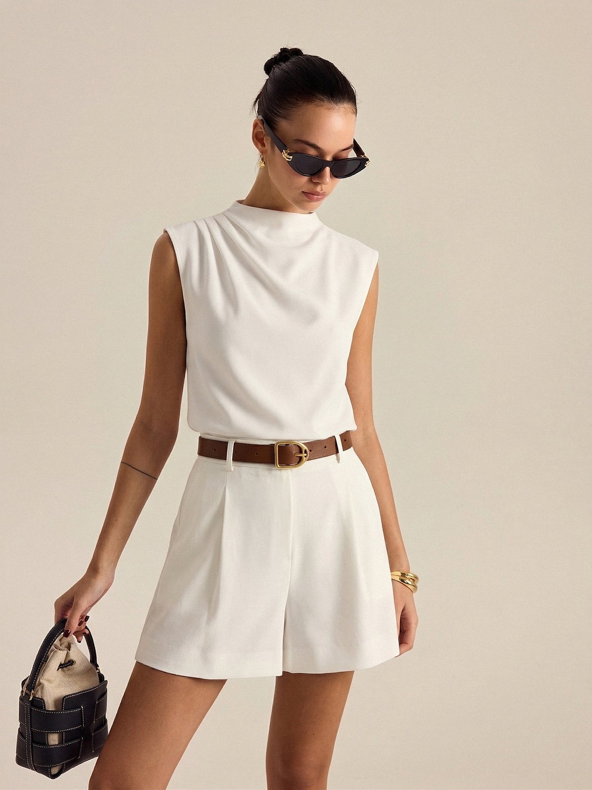 Women's Draped Sleeveless Top & Belted Shorts Set in White