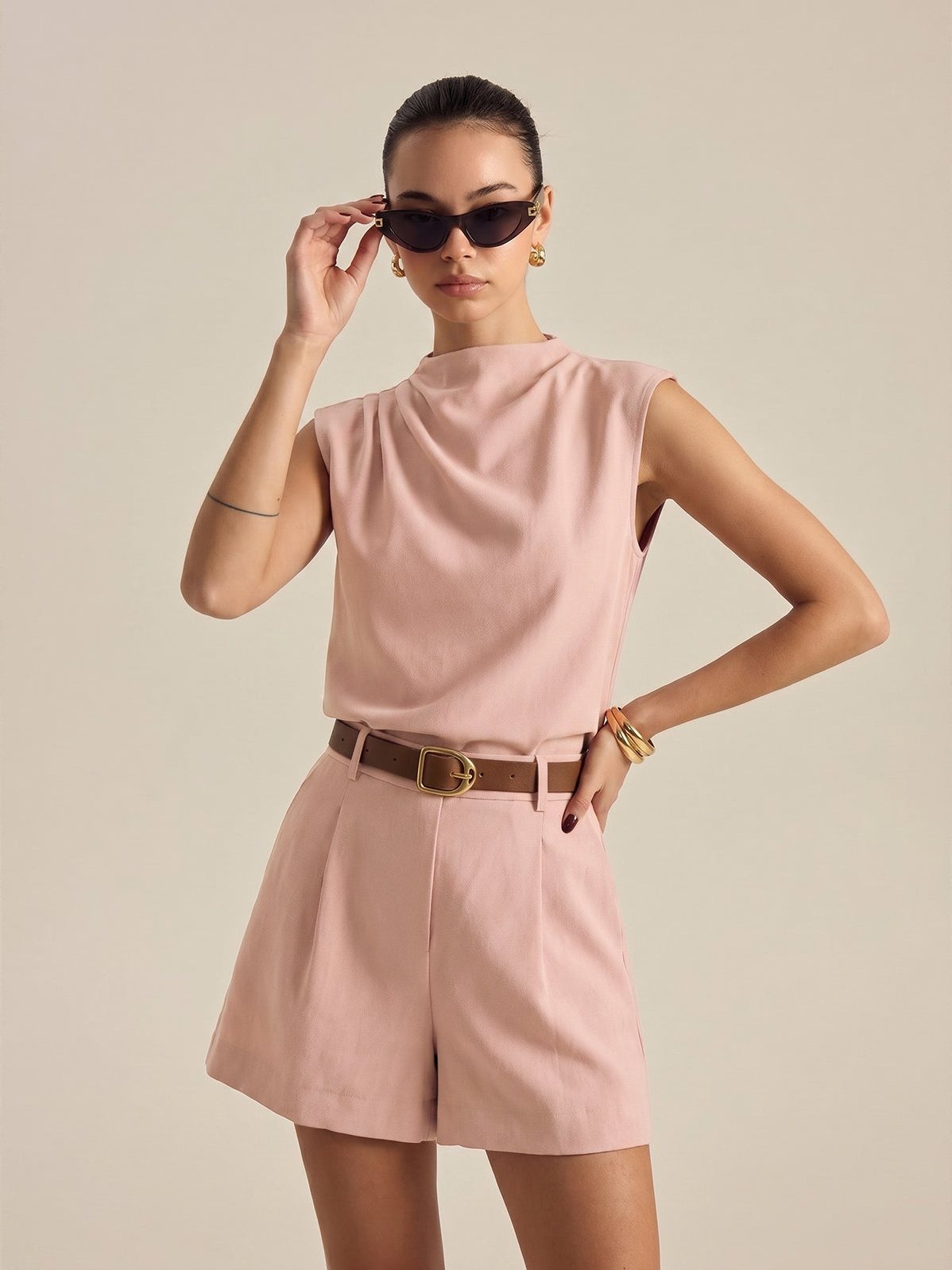 Women's Draped Sleeveless Top & Belted Shorts Set in Pink