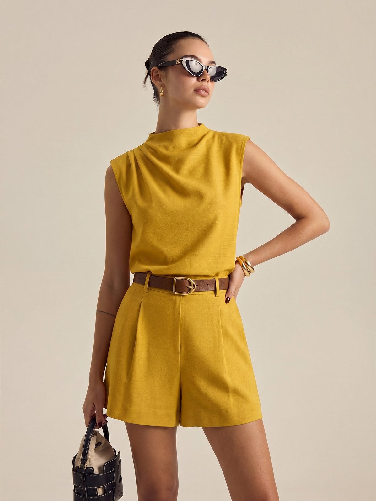 Women's Draped Sleeveless Top & Belted Shorts Set in Yellow