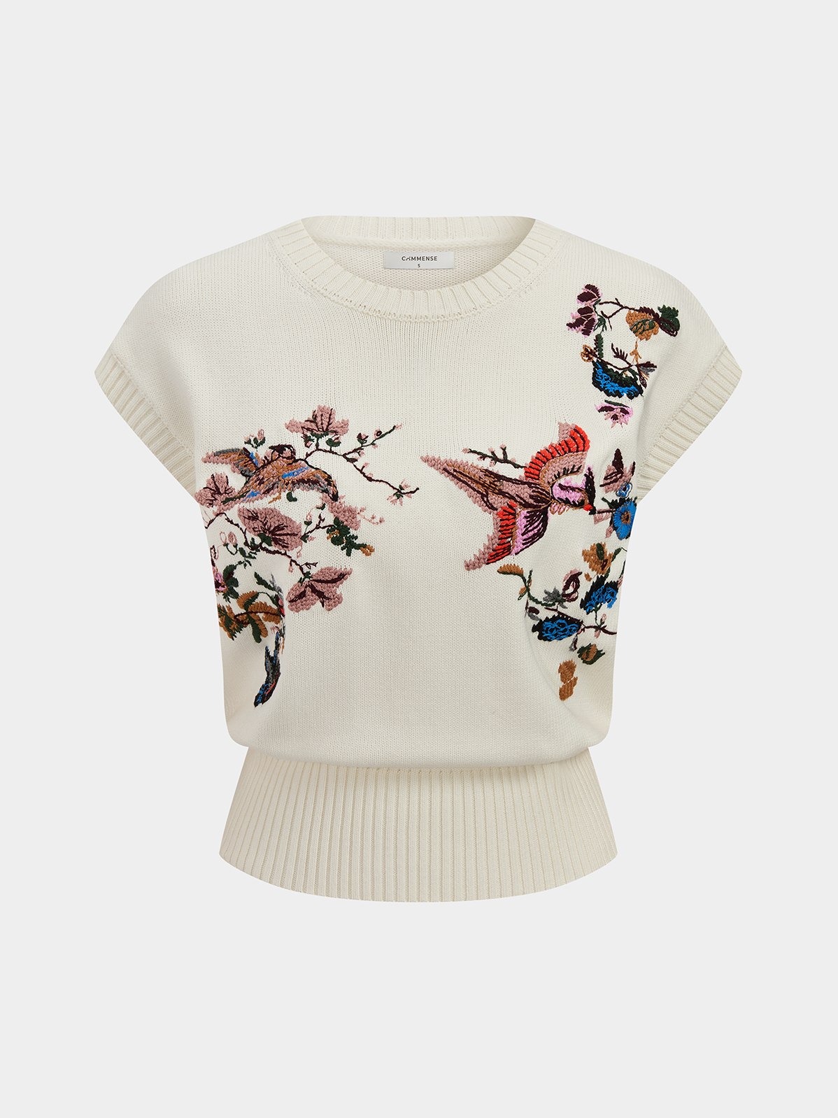 Women's Embroidered Floral Bird Knit Vest in Off-White