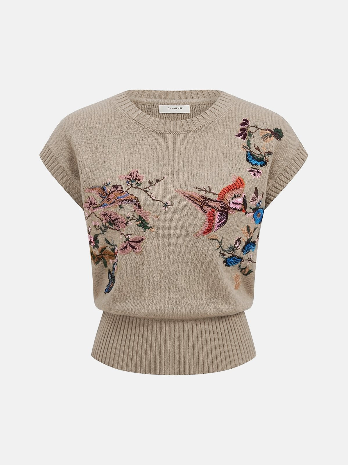 Women's Embroidered Floral Bird Knit Vest in Khaki
