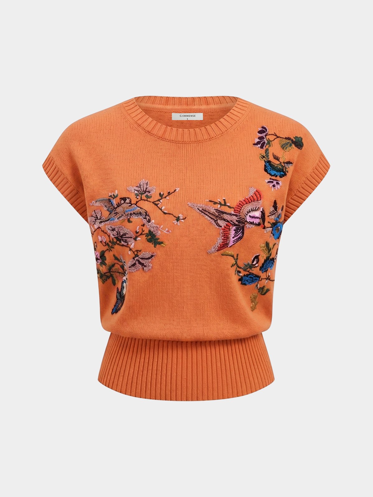 Women's Embroidered Floral Bird Knit Vest in Orange