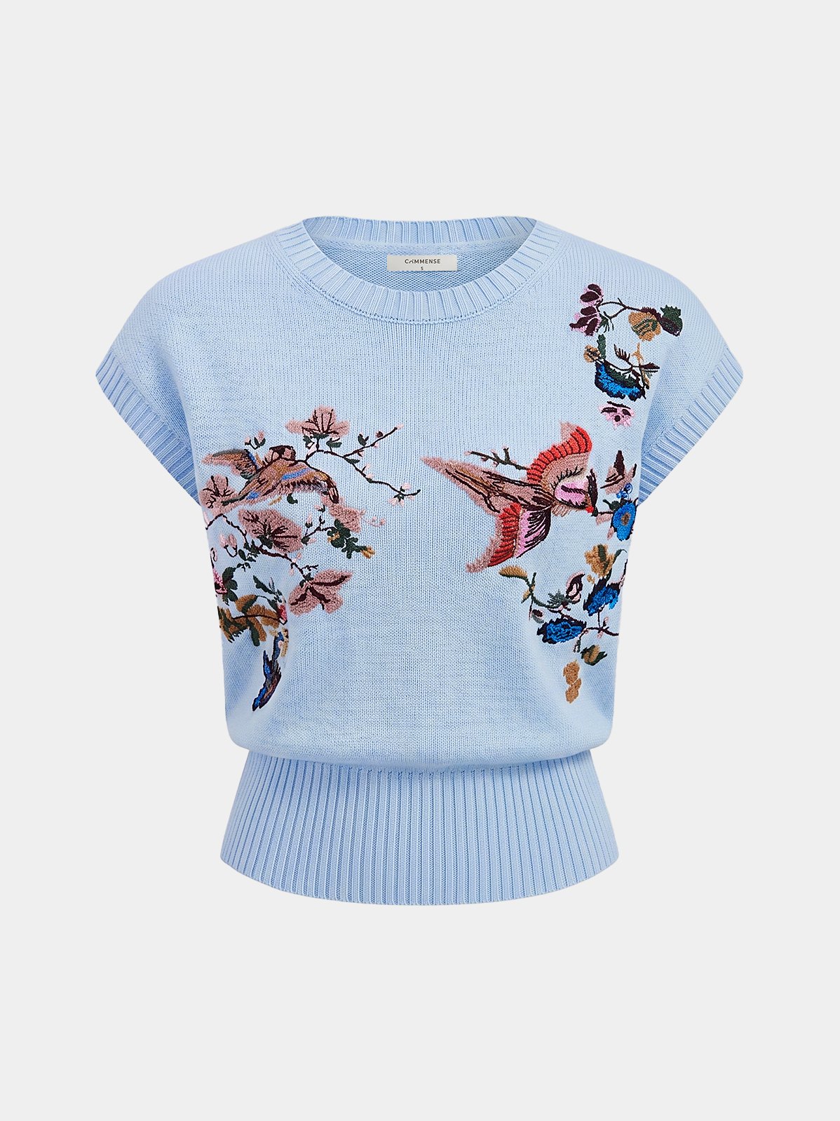 Women's Embroidered Floral Bird Knit Vest in LightBlue