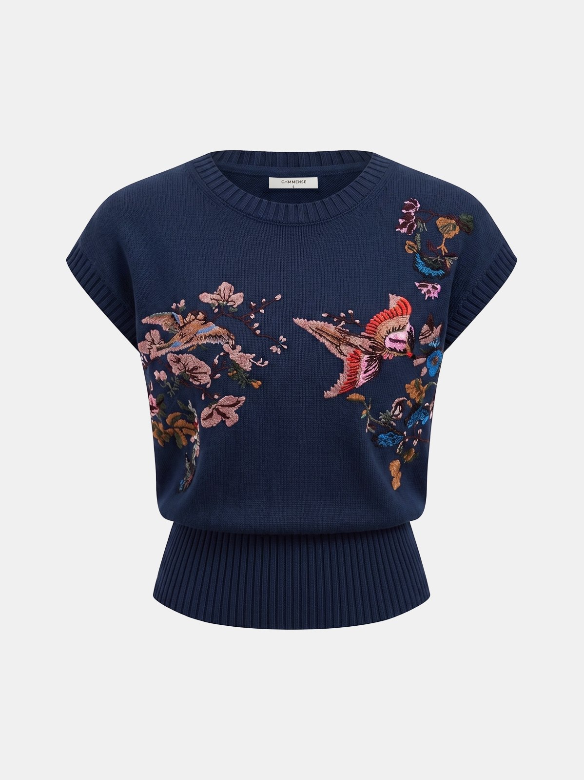 Women's Embroidered Floral Bird Knit Vest — styled look