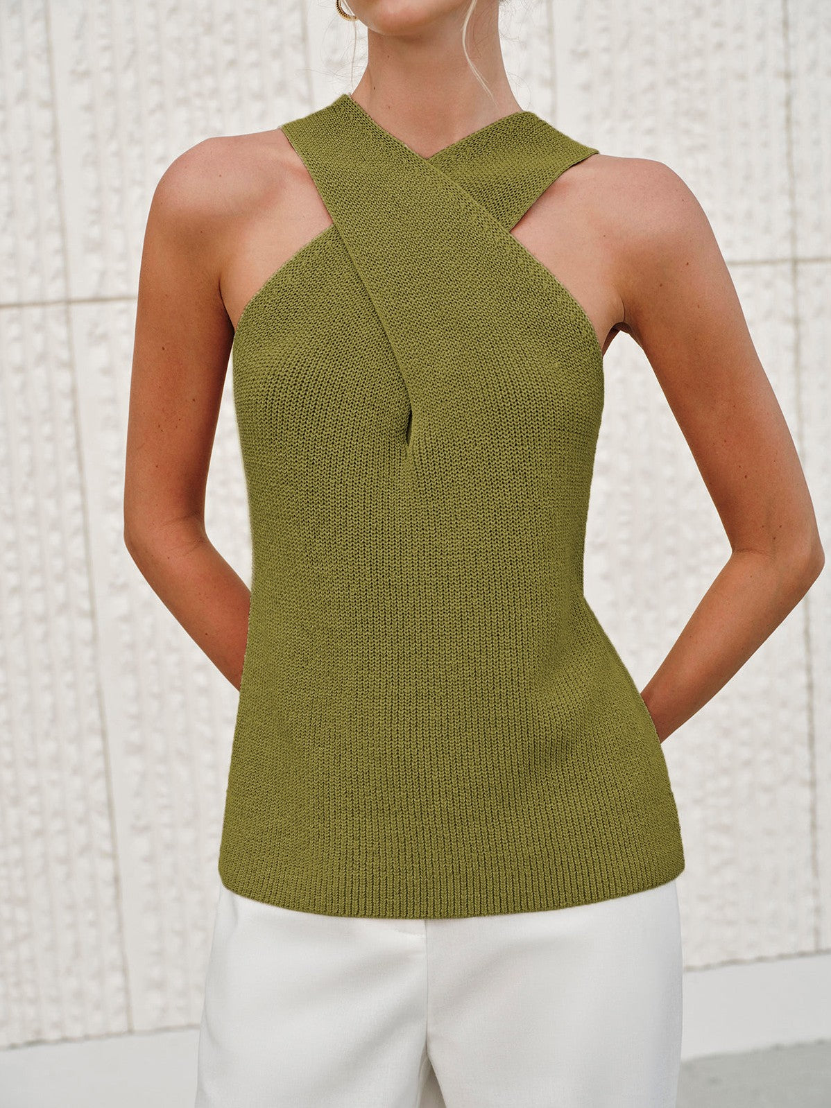 Women's Halter Cross-Over Collar Tank Top — worn on model