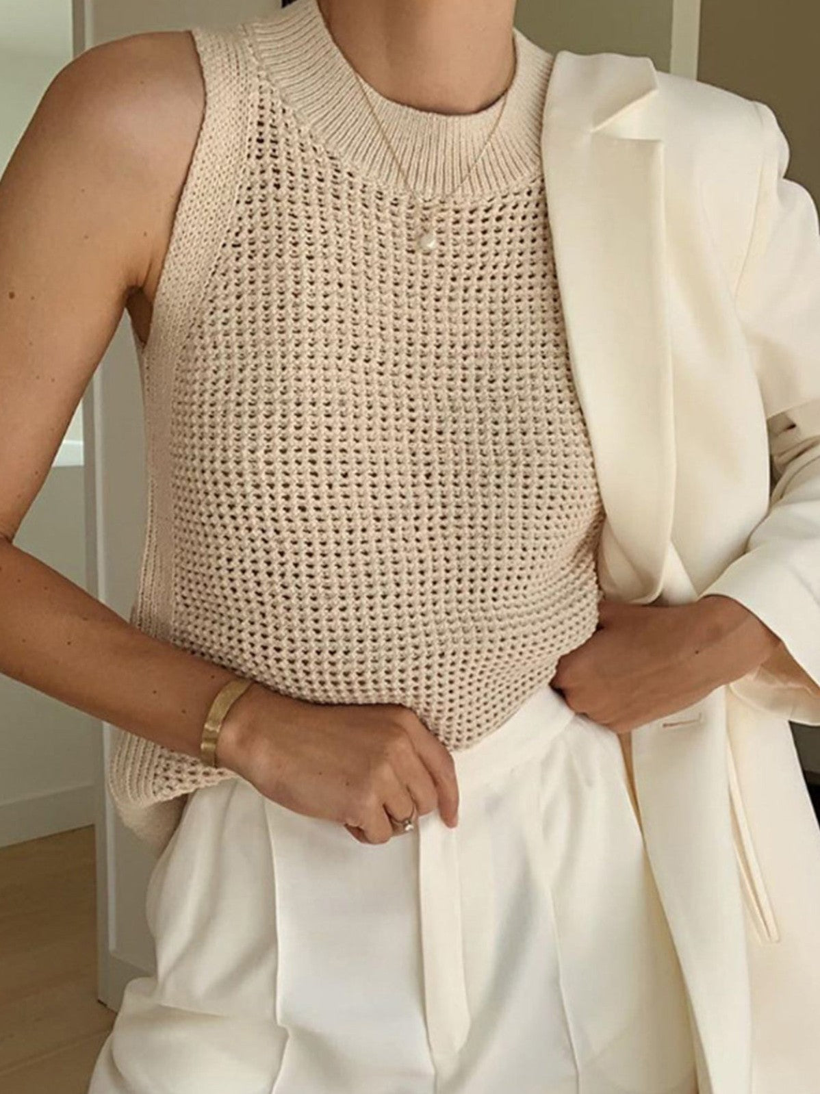 Women's Knit Hollow Solid Tank Top in Apricot
