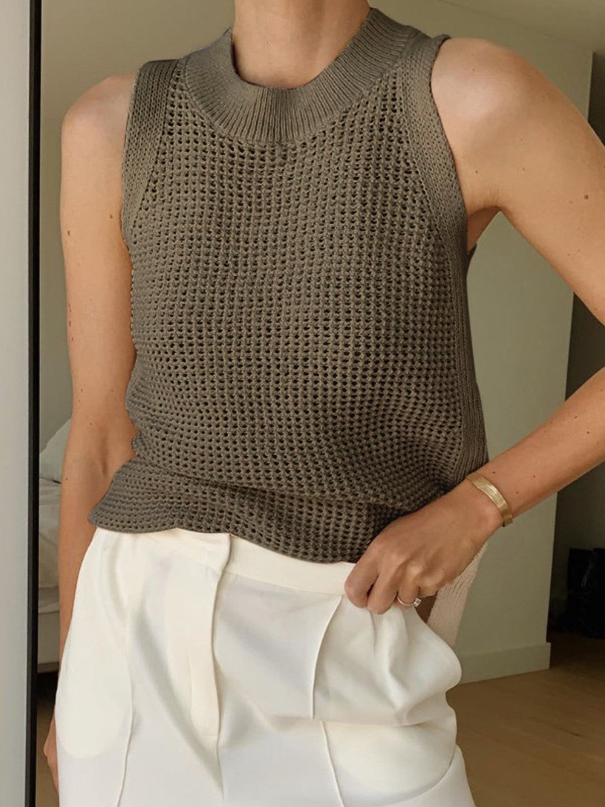Women's Knit Hollow Solid Tank Top in Dark Brown