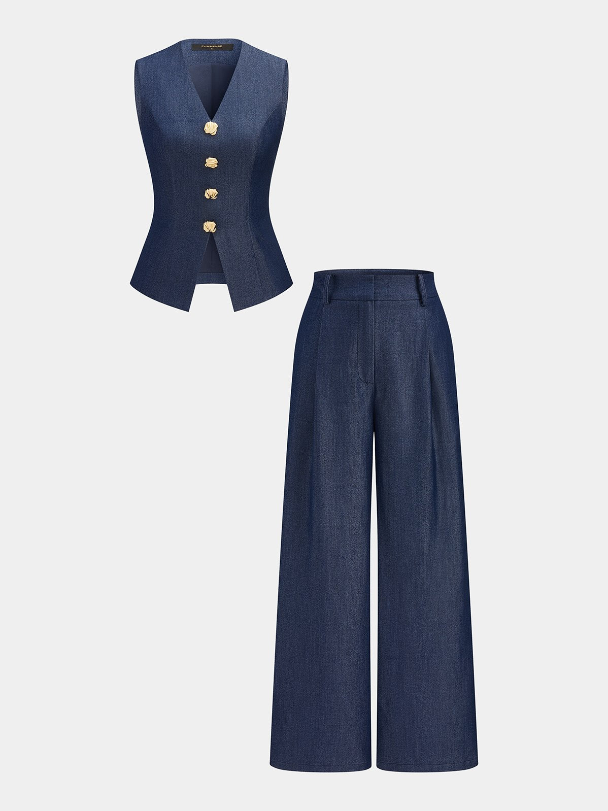 Women's Metal Detail Vest & Wide Leg Pants Set in Navy