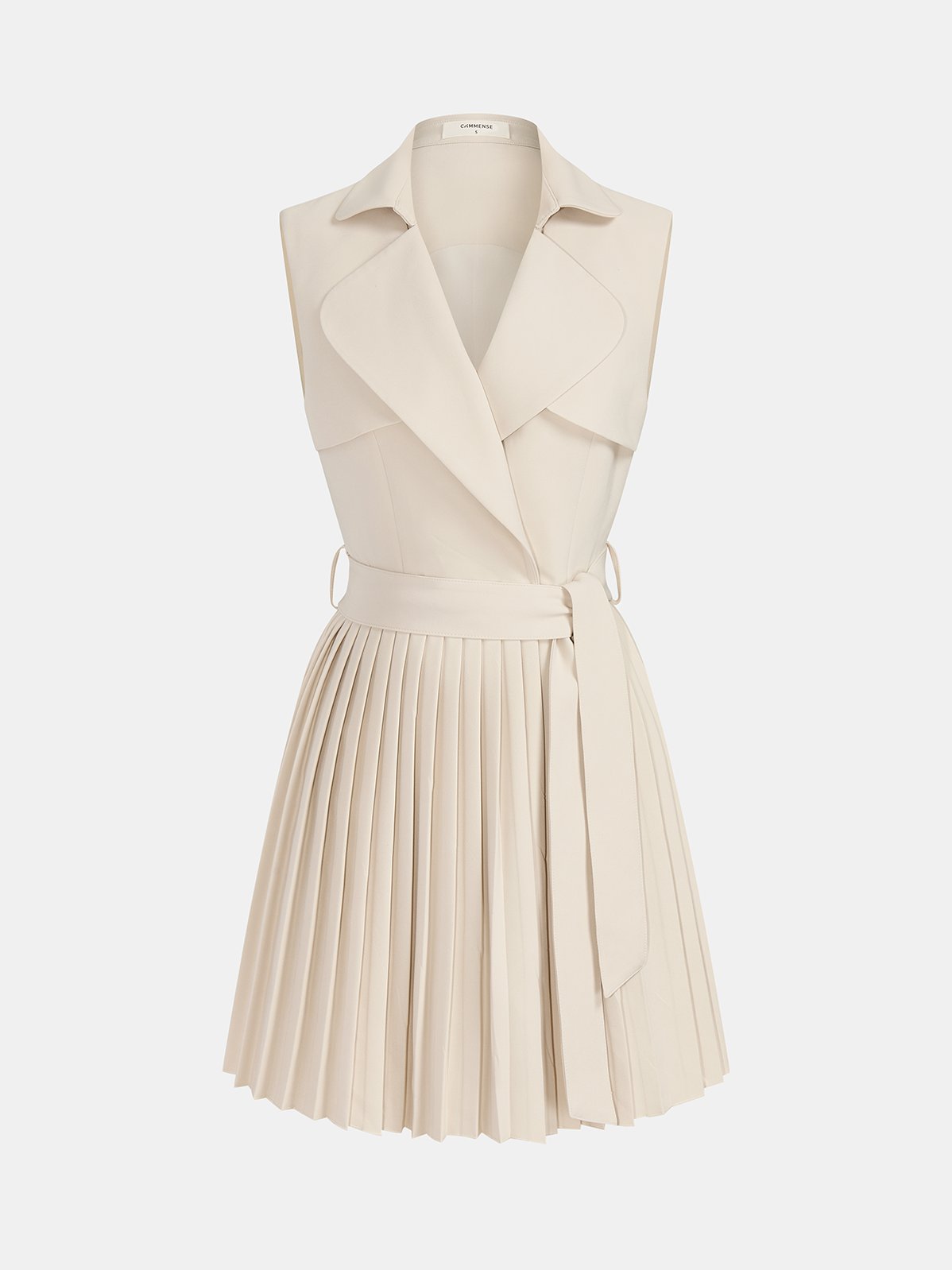 Women's Sleeveless Lapel Belted Pleated Mini Dress — detail