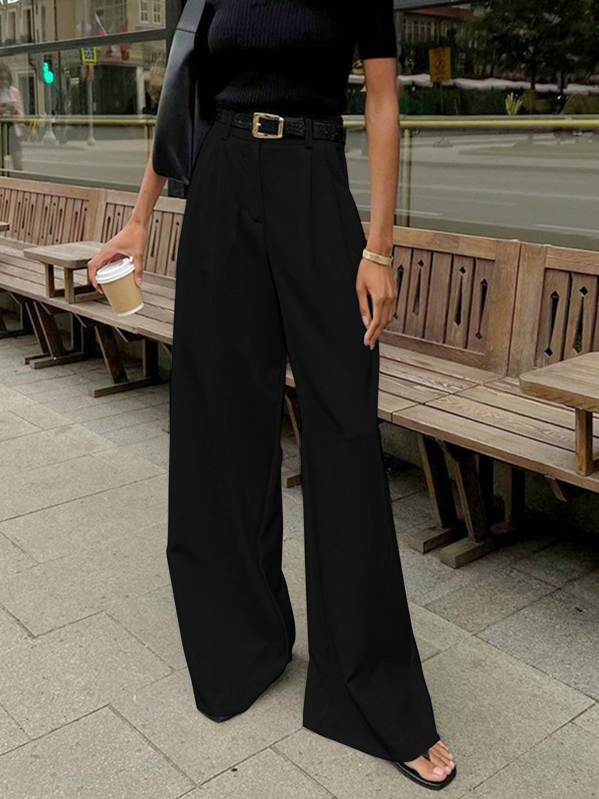 Women's Solid Wide Leg Pants Without Belt in Black