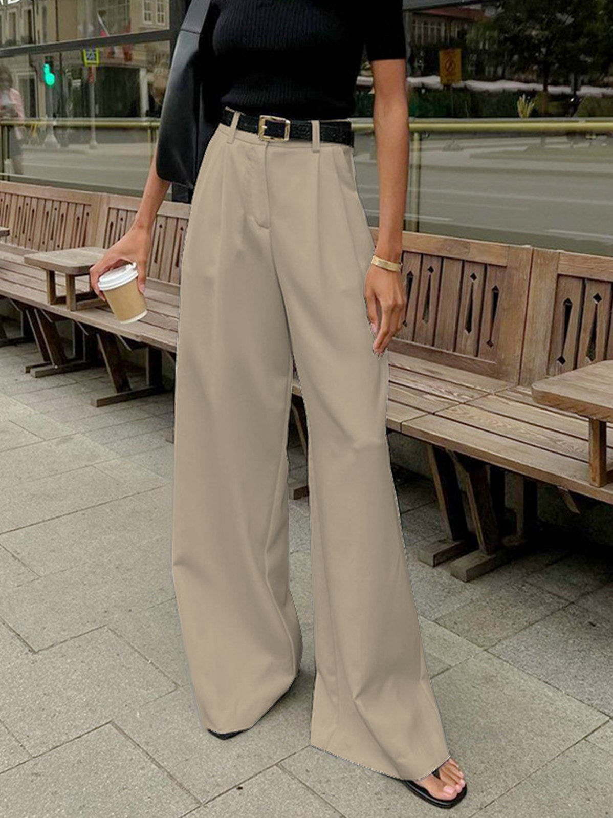 Women's Solid Wide Leg Pants Without Belt in Khaki