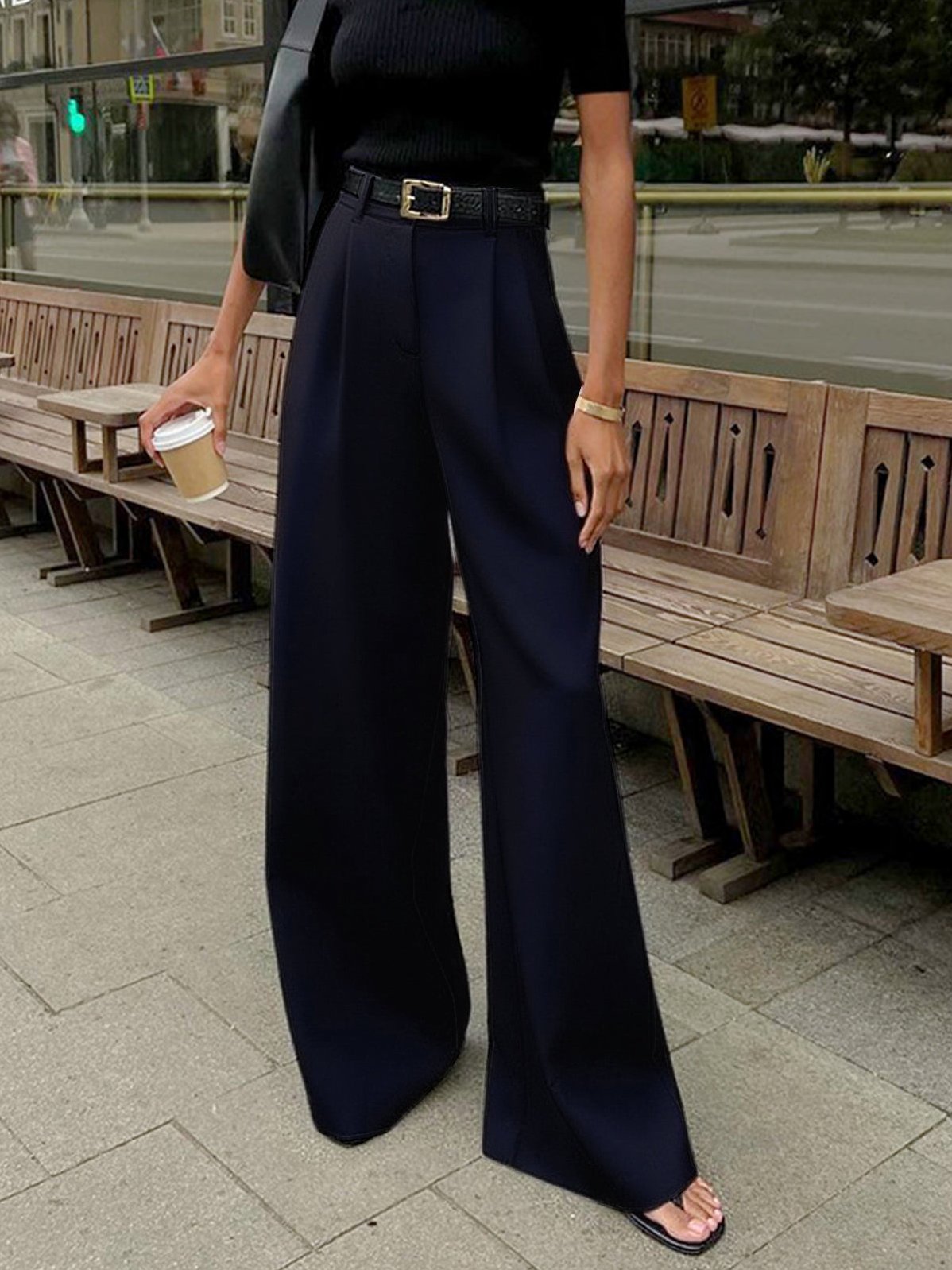 Women's Solid Wide Leg Pants Without Belt in Dark Navy